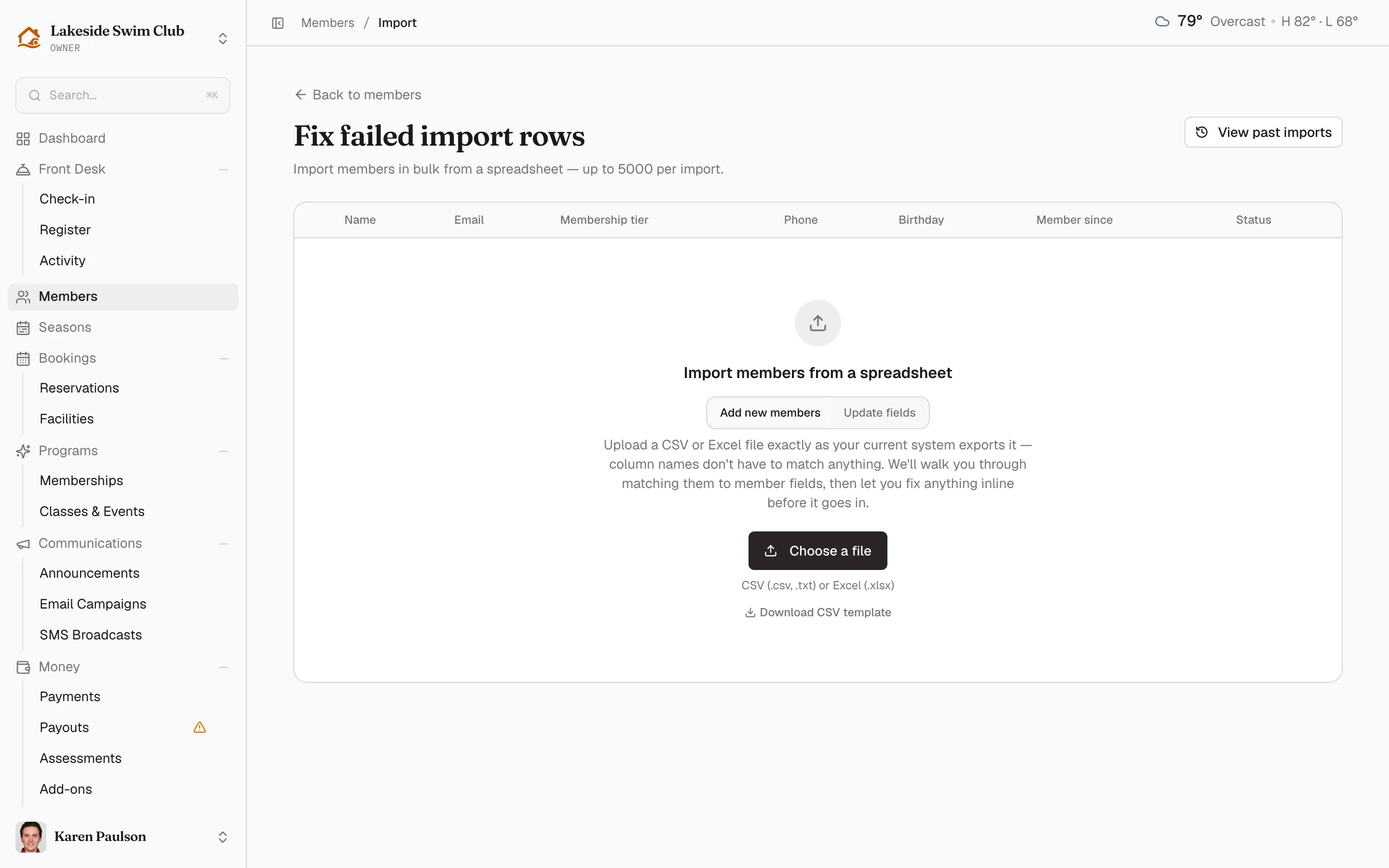 The member import page with its upload panel, accepted file types, and CSV template link