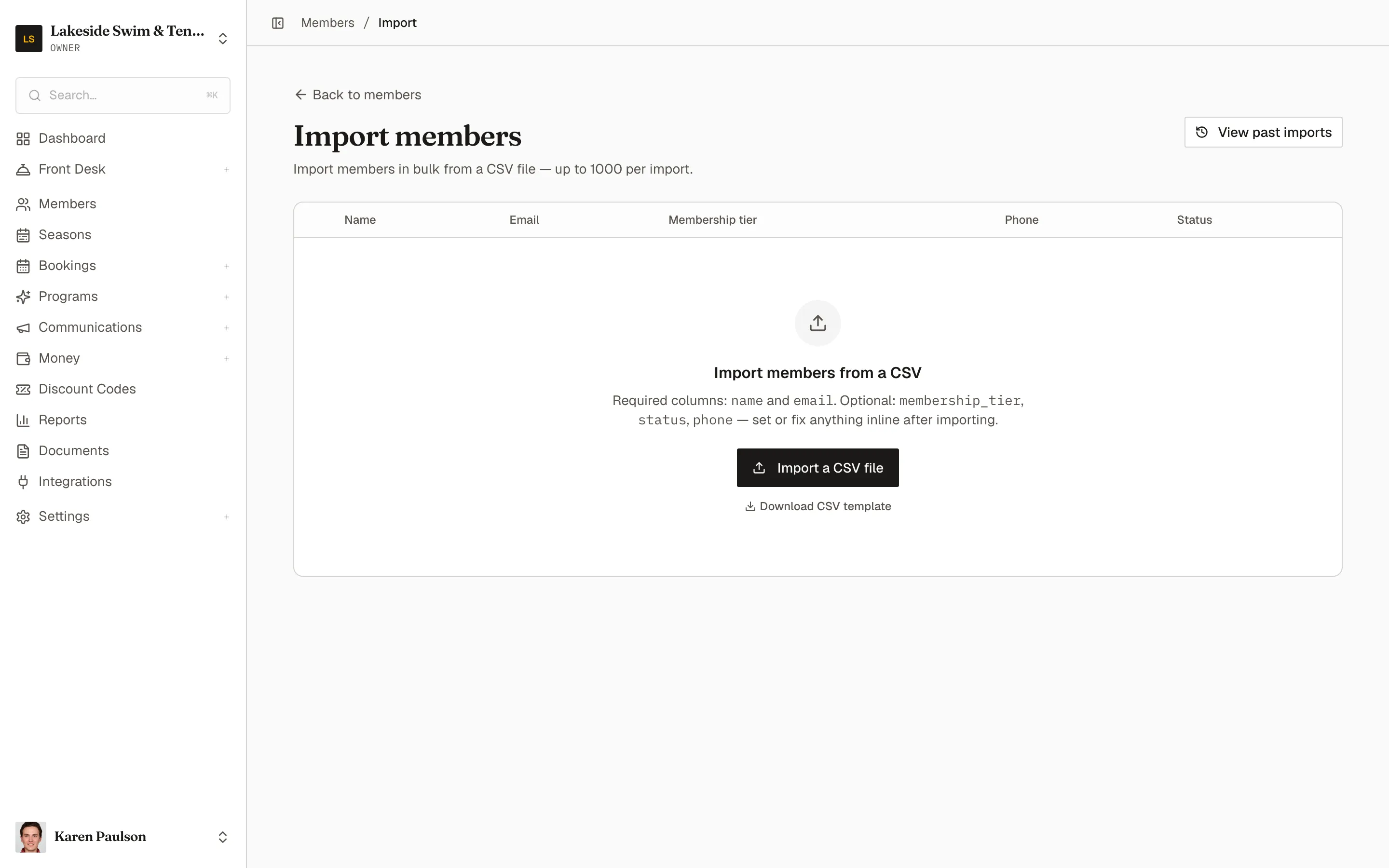 The CSV import page with the mode choice, upload button, template download link, and expected-columns reference