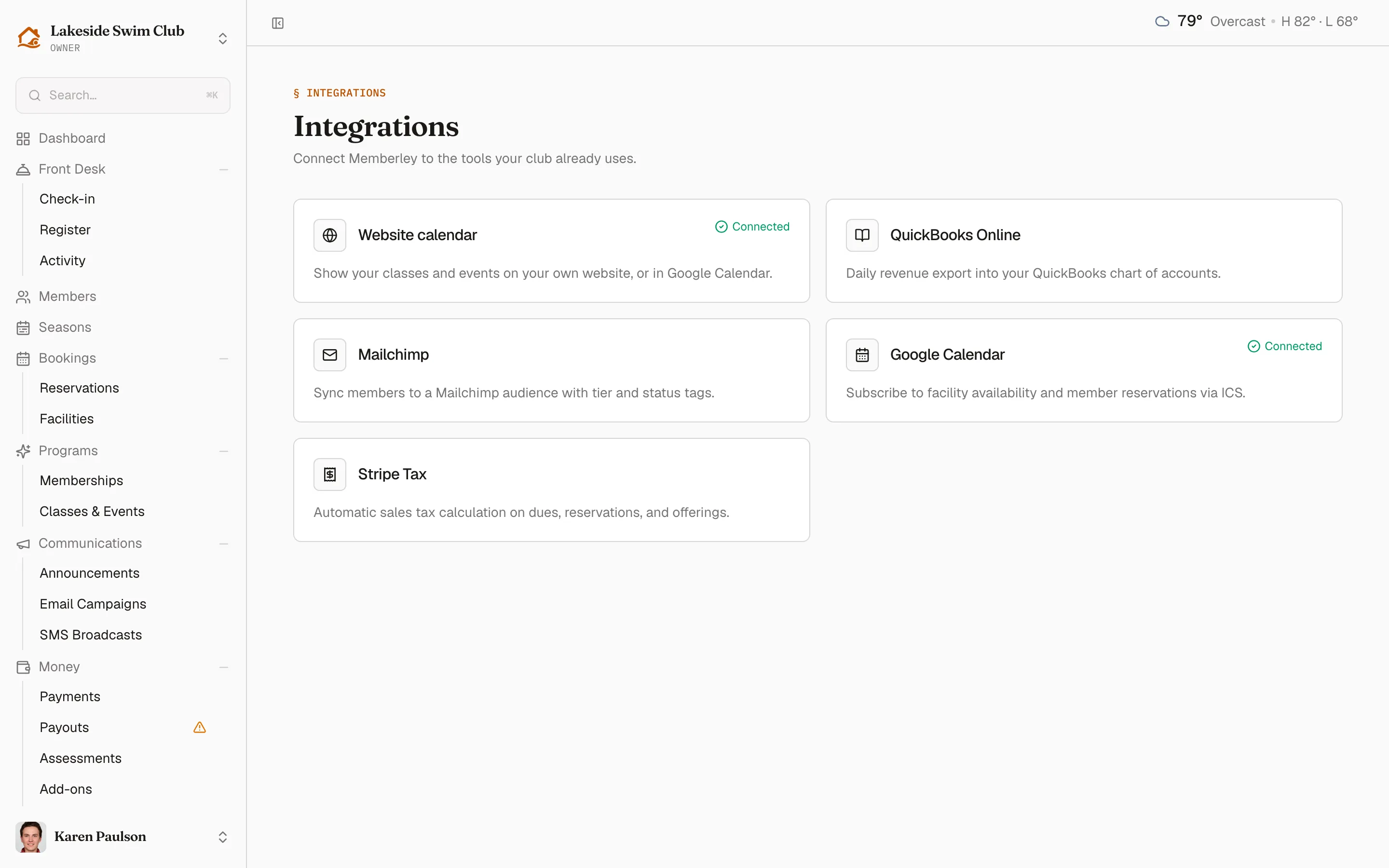 The Integrations hub listing Website calendar, QuickBooks Online, Mailchimp, Google Calendar, and Stripe Tax