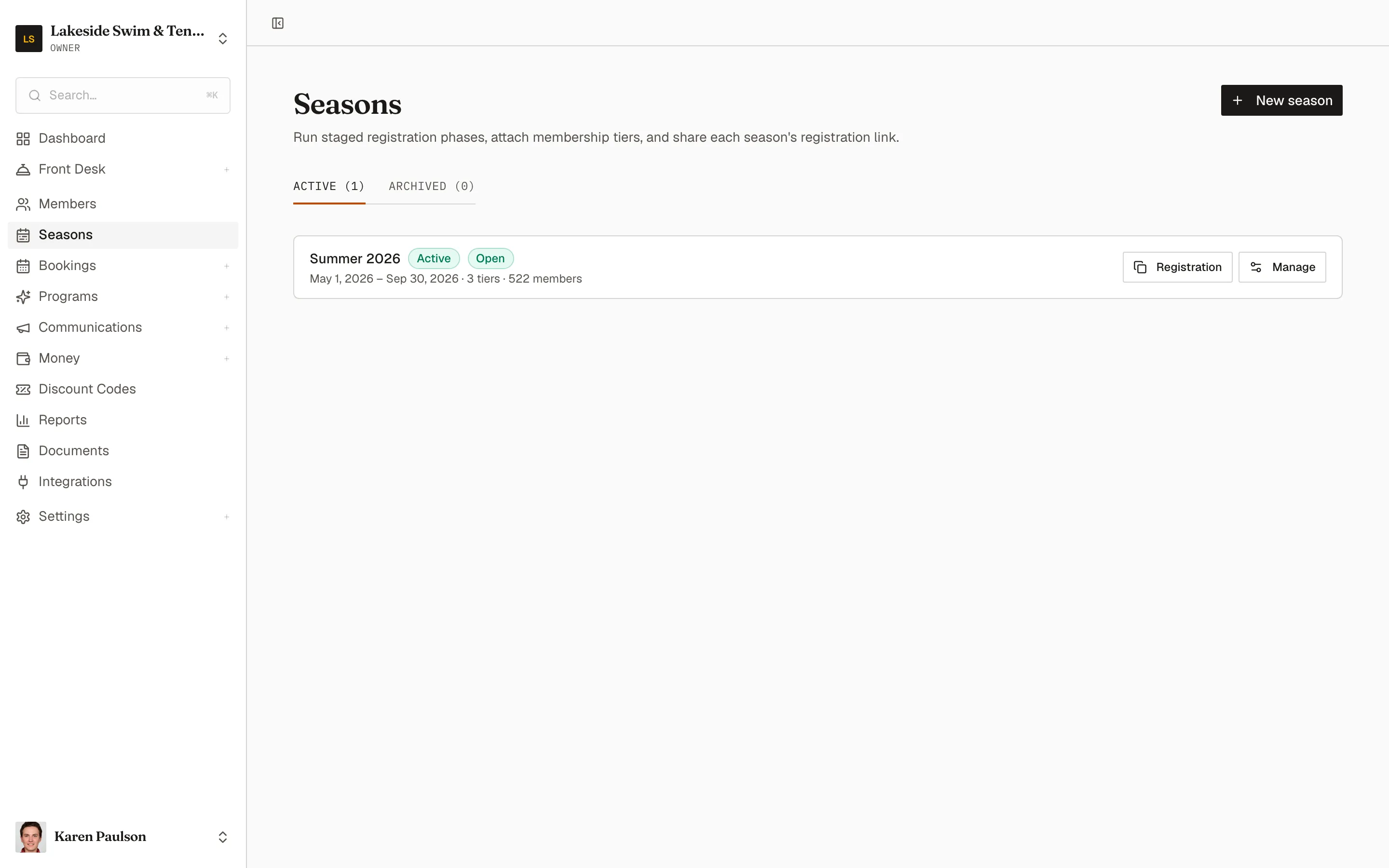 The Seasons page showing the Summer 2026 season, active and open for registration, with Registration and Manage buttons