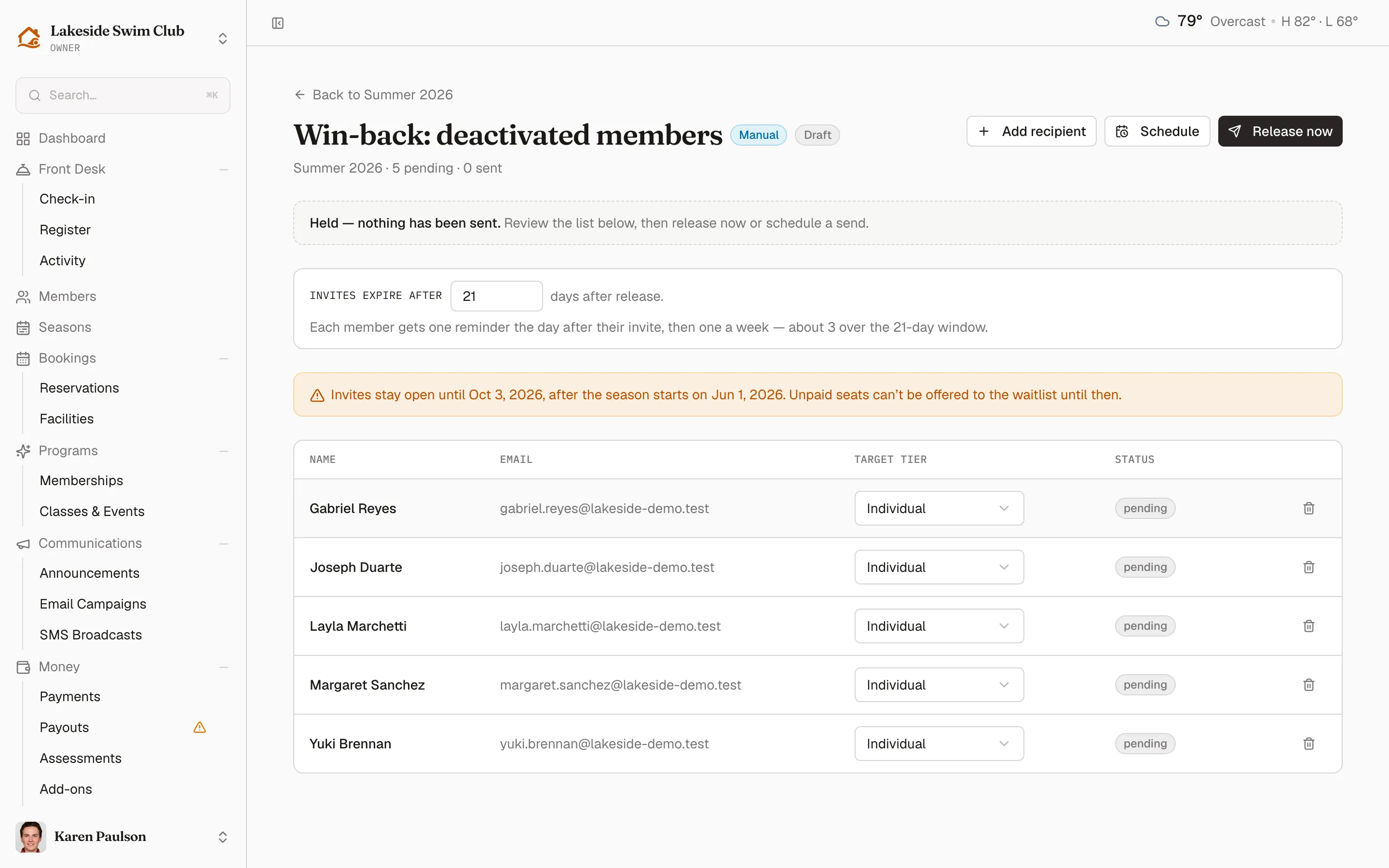 A draft batch page with the held banner, the invite expiry control, a season-start warning, and the recipient table