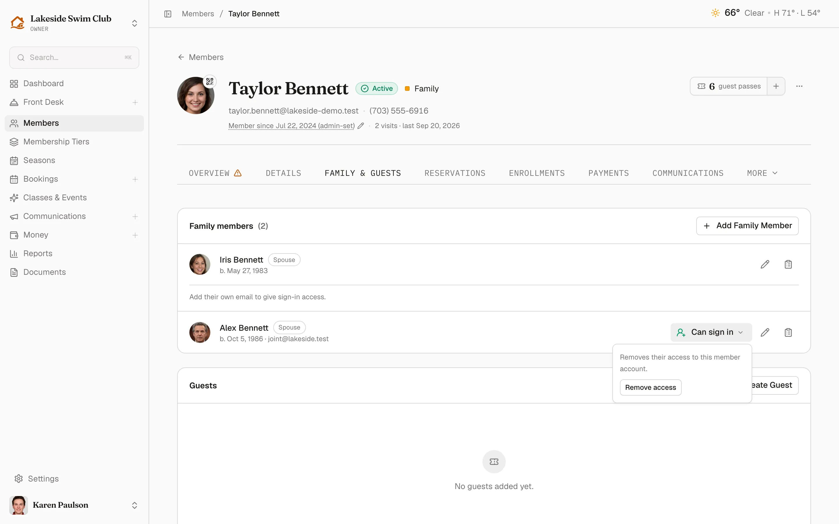 The Can sign in popover with its short explanation and Remove access button