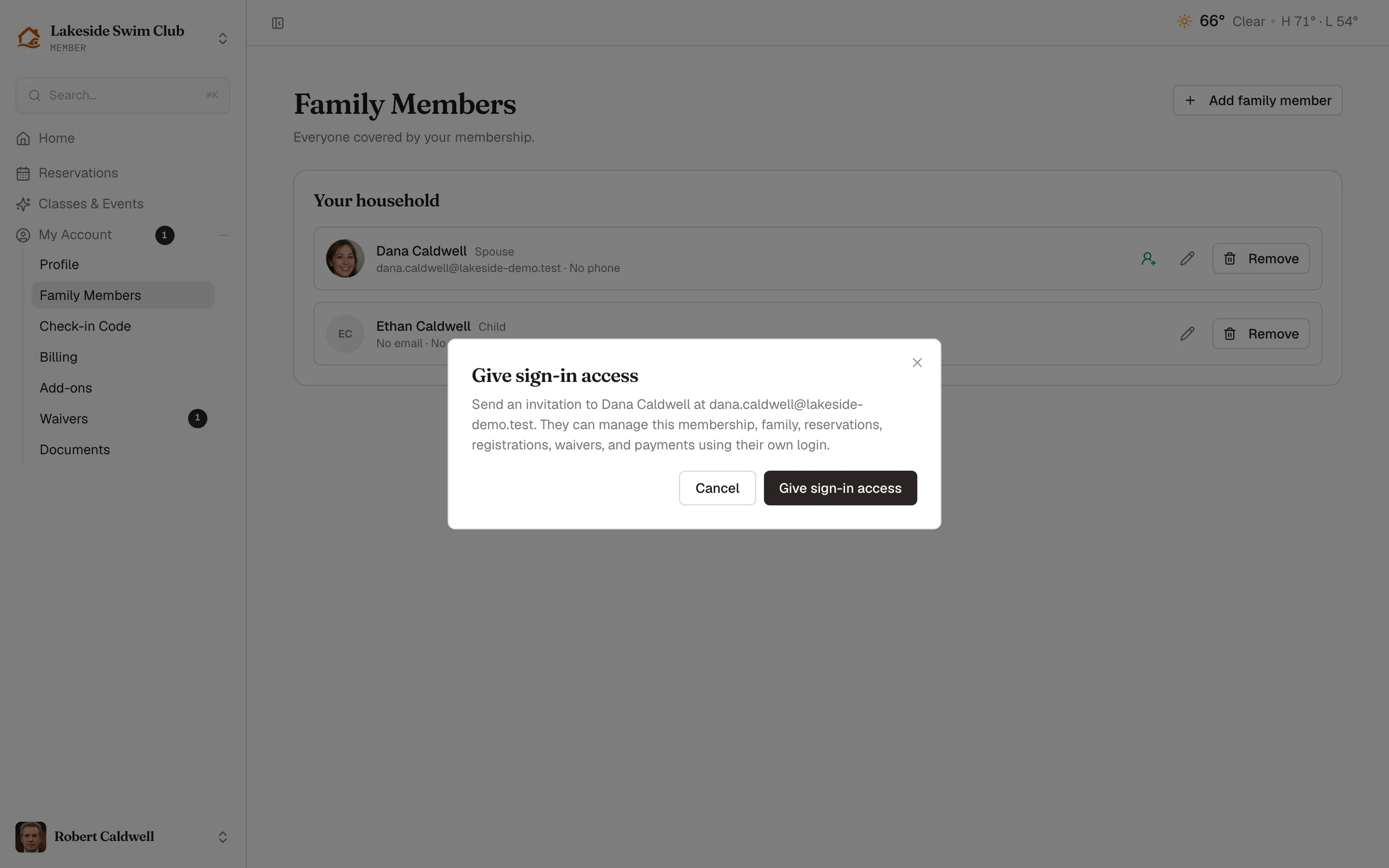 The Give sign-in access dialog in the member portal