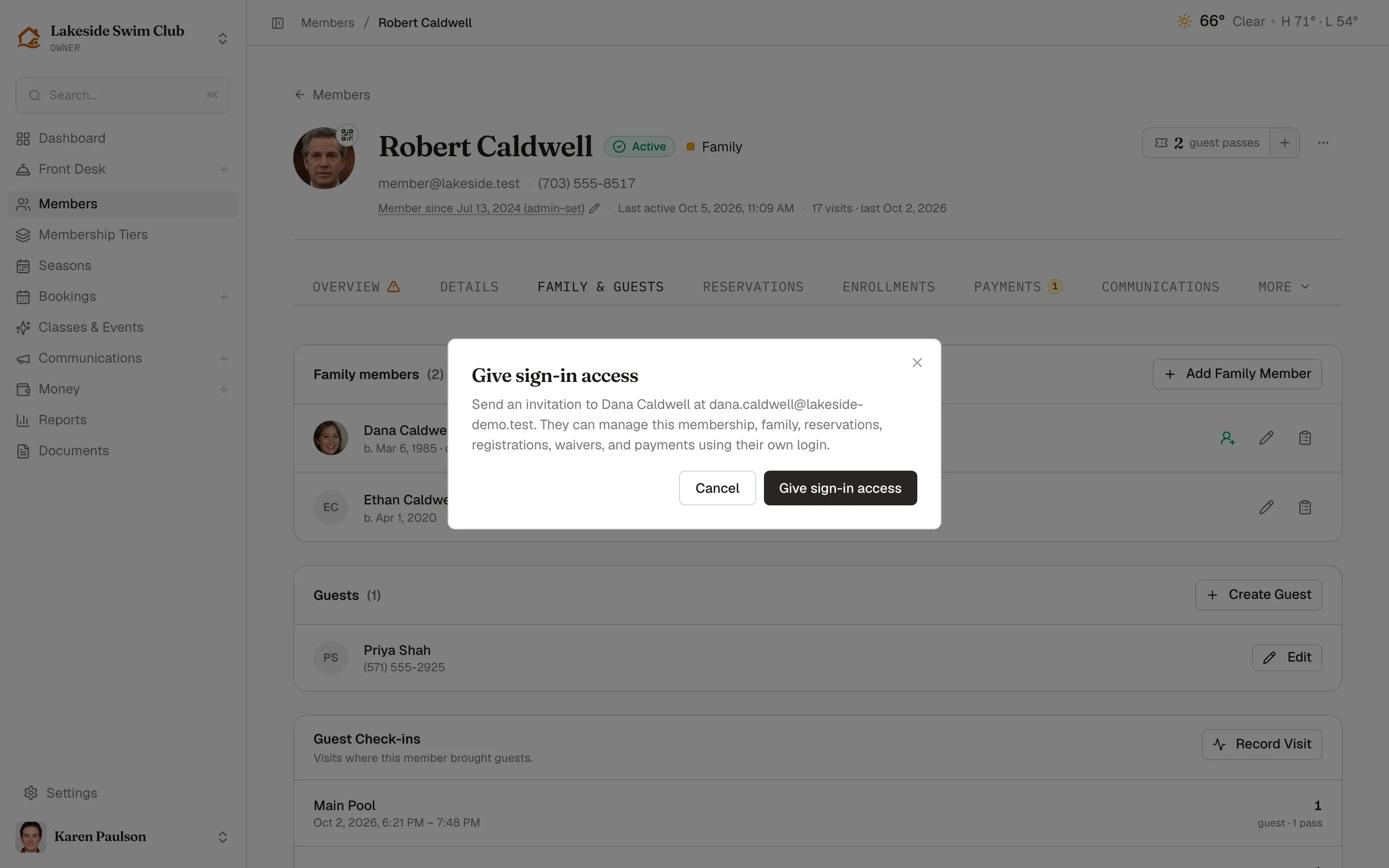 The Give sign-in access dialog with the invitation recipient and shared account permissions