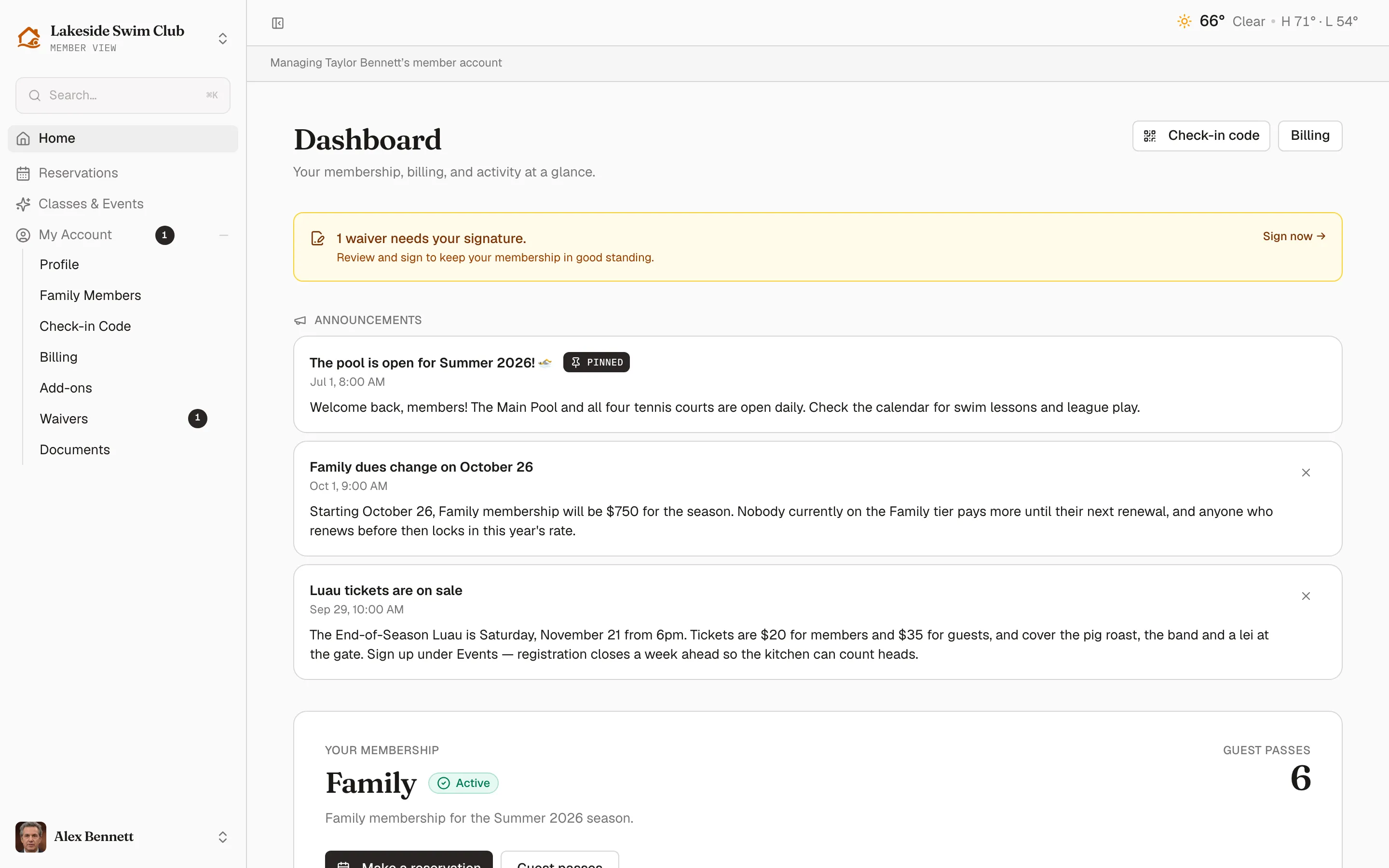 The joint holder’s home page identifying the shared member account while keeping their own login in the account menu