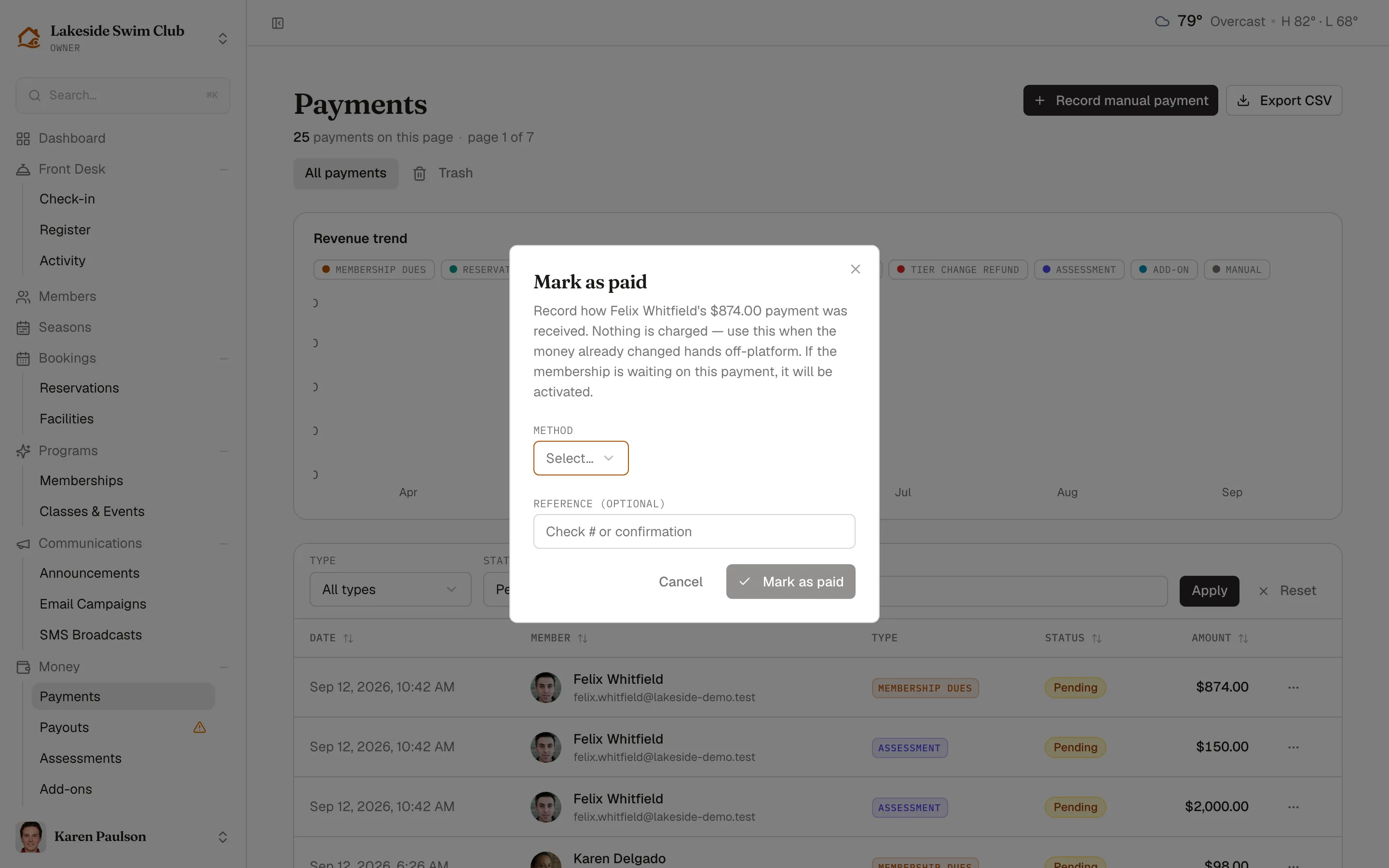 The Mark as paid dialog on a pending payment, asking for the method and an optional reference