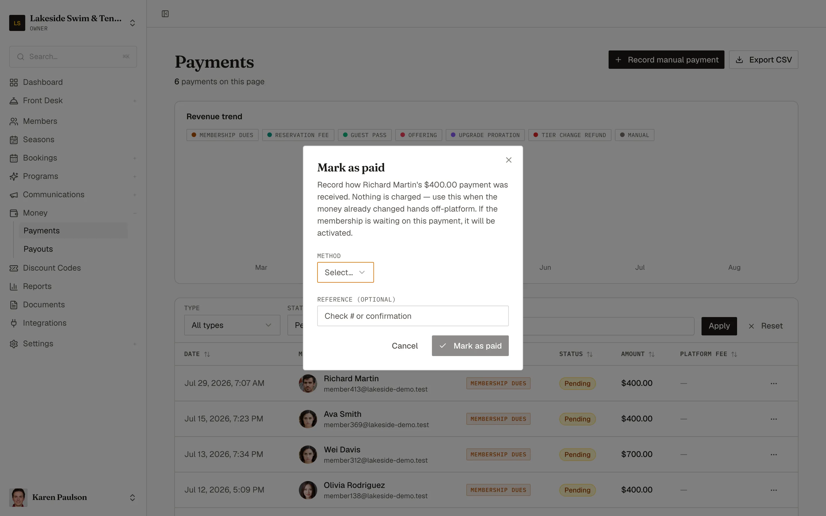 The Mark as paid dialog on a pending payment, asking for the method and an optional reference