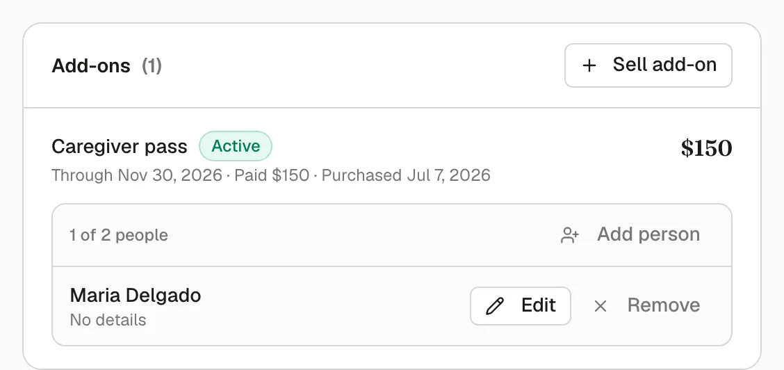 The Add-ons card on a member profile showing an active caregiver pass with its named person