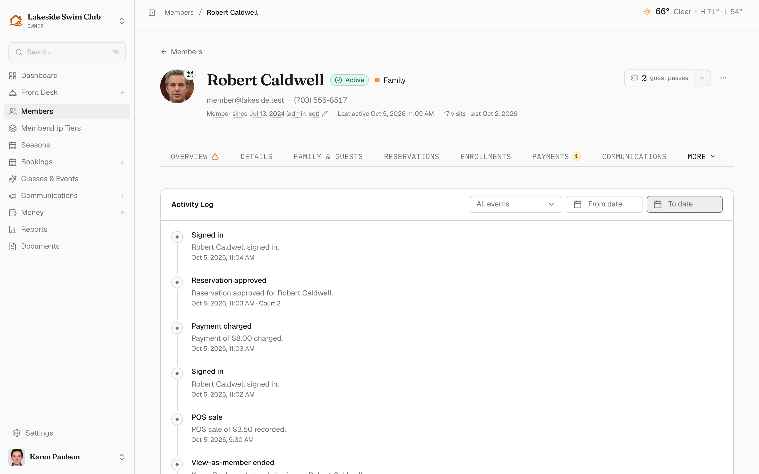 The Activity tab’s filterable audit timeline of everything that happened on the membership
