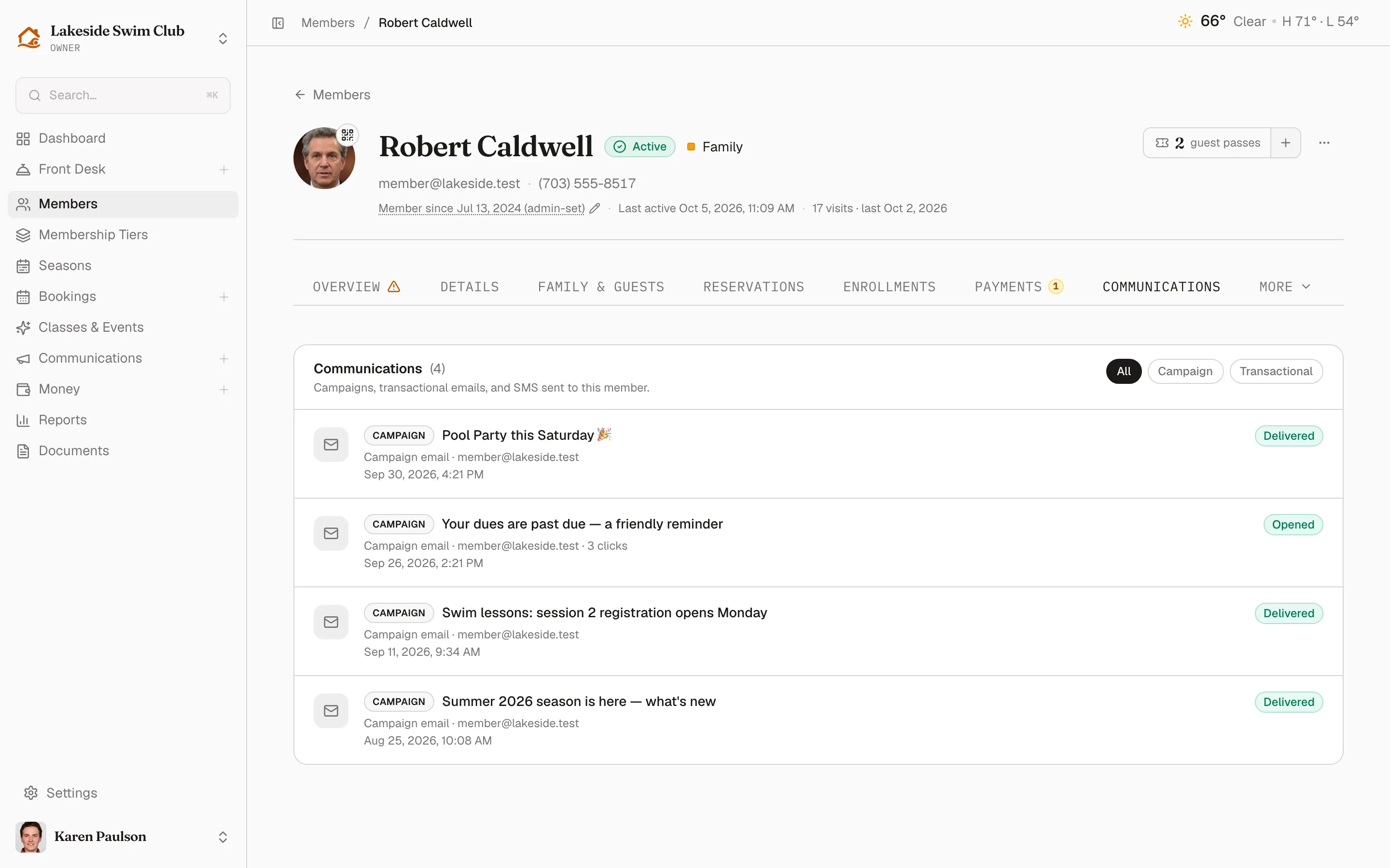 The Communications tab listing emails and texts sent to the member with the All, Campaign, and Transactional filters
