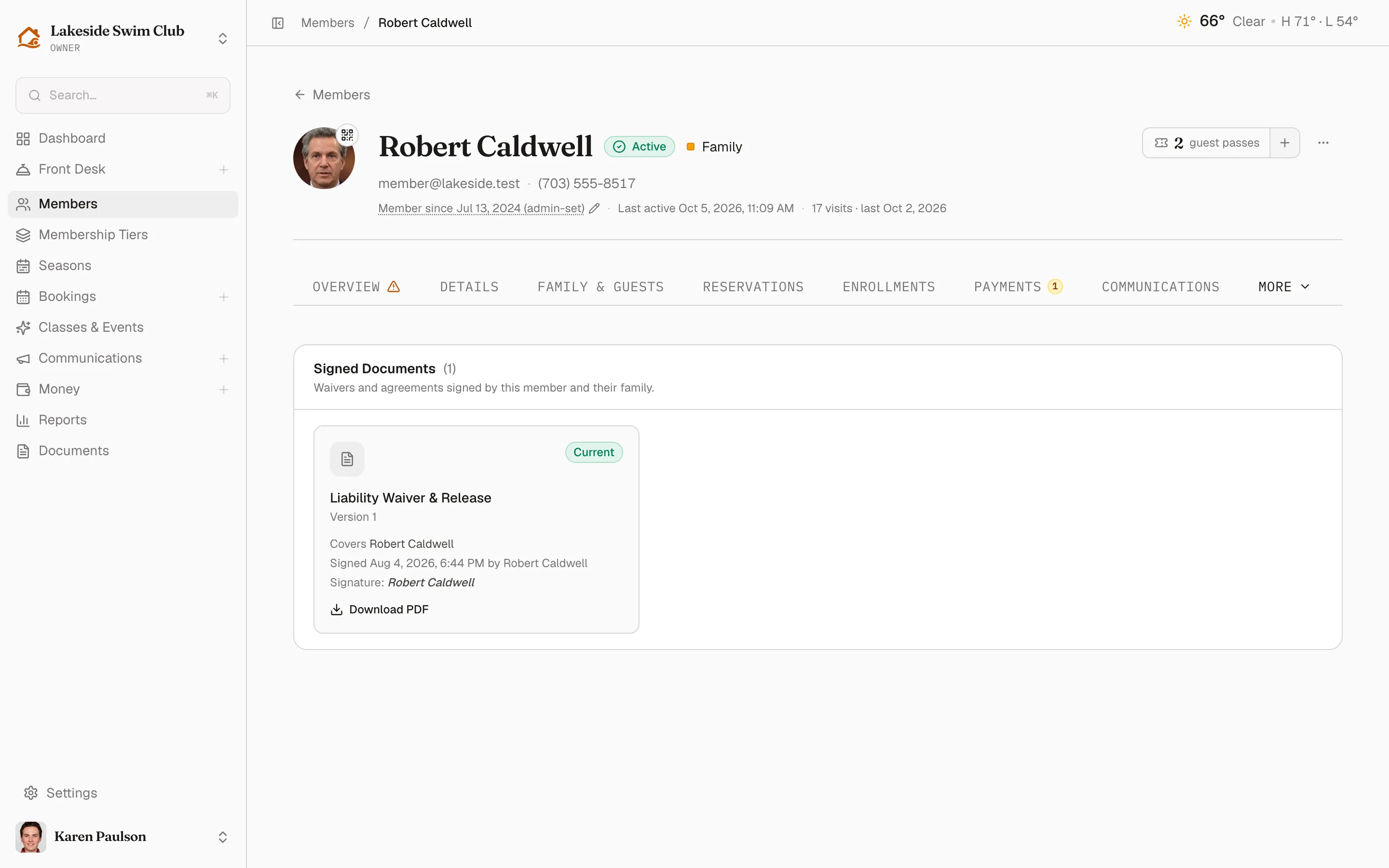 The Documents tab with the member’s signed waivers and their Download PDF links