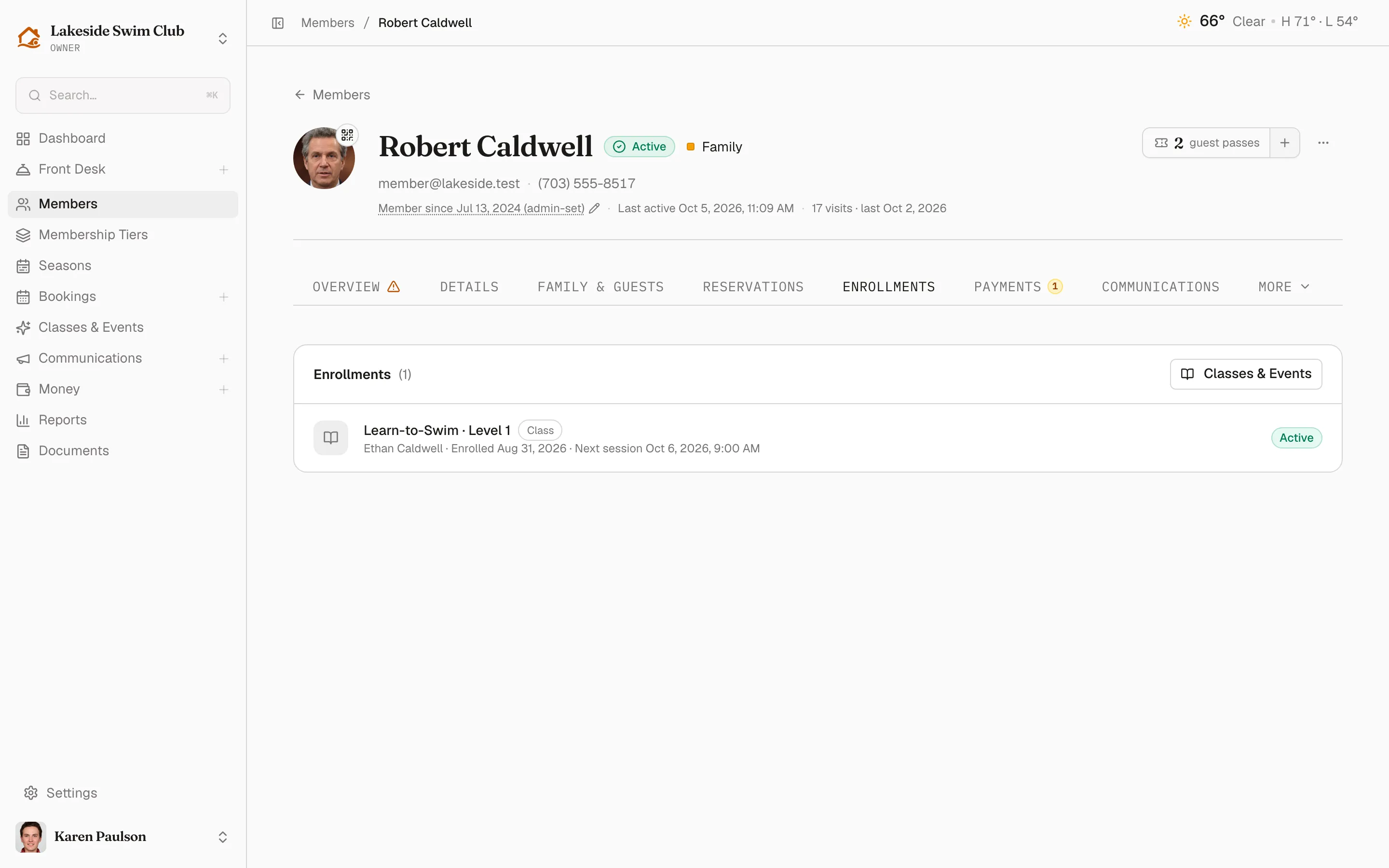 The Enrollments tab listing the member’s class and event sign-ups with status pills