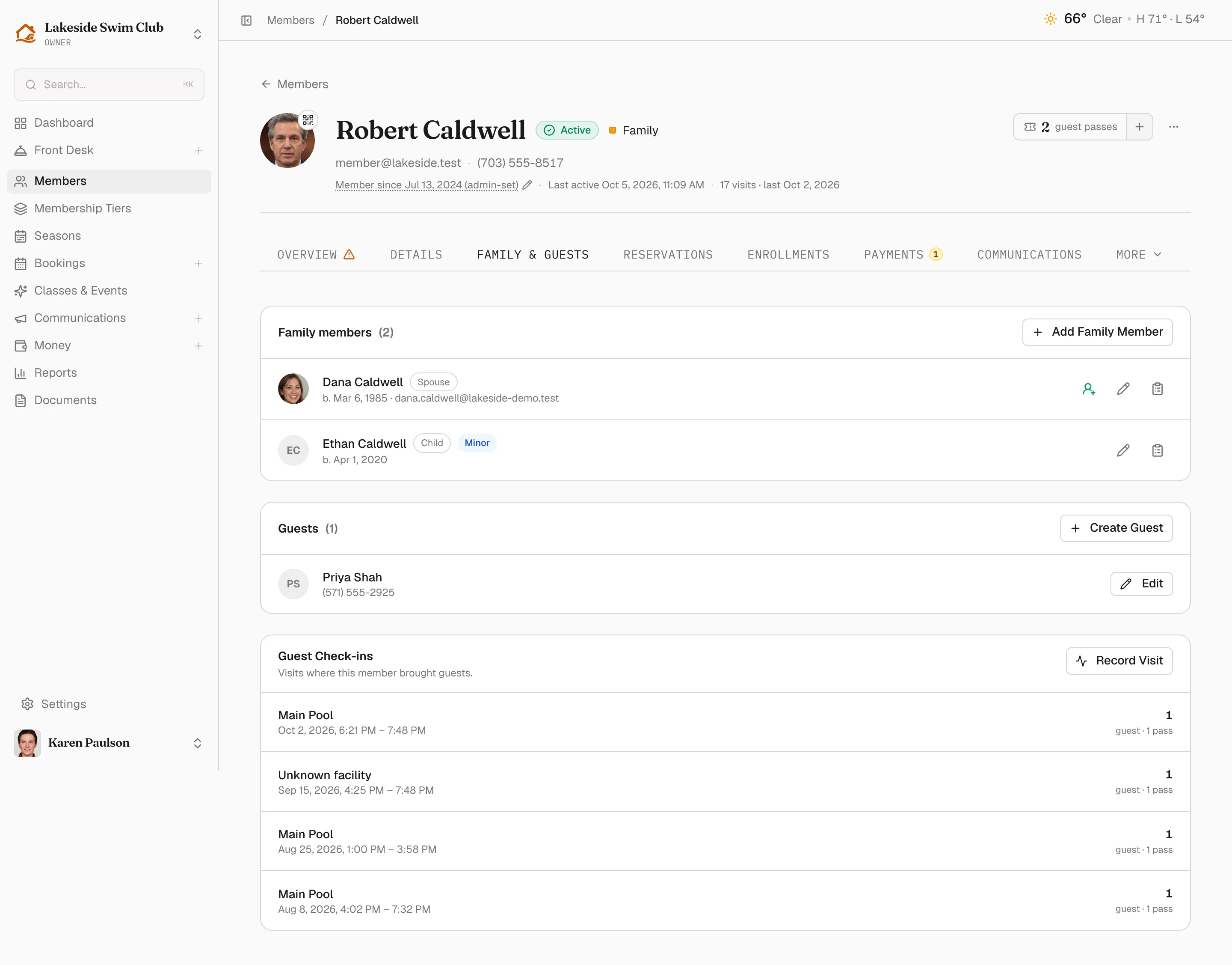 The Family & Guests tab with compact family action icons, Guests, and Guest Check-ins