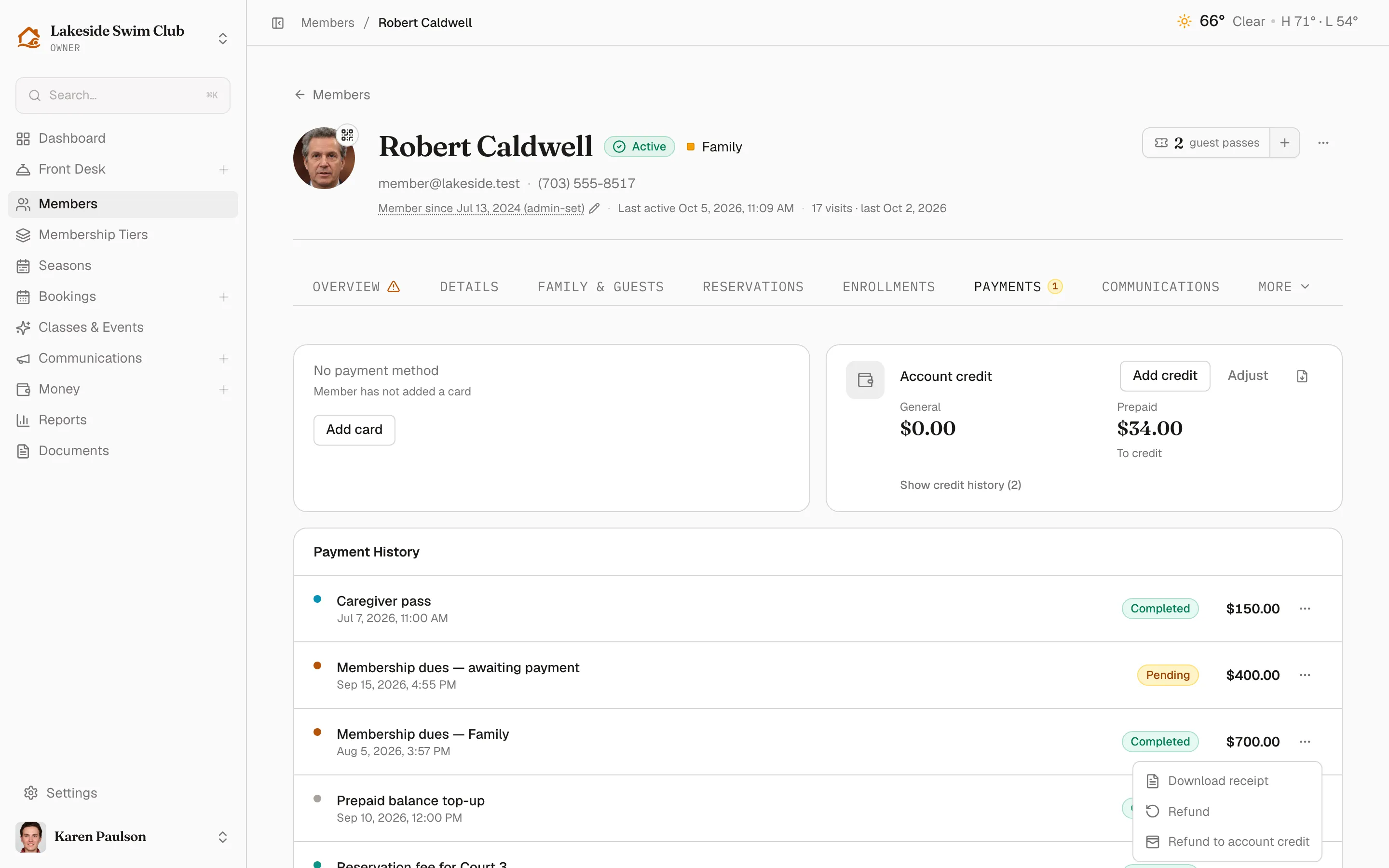 The row menu on a completed payment listing Download receipt, Refund, and Refund to account credit