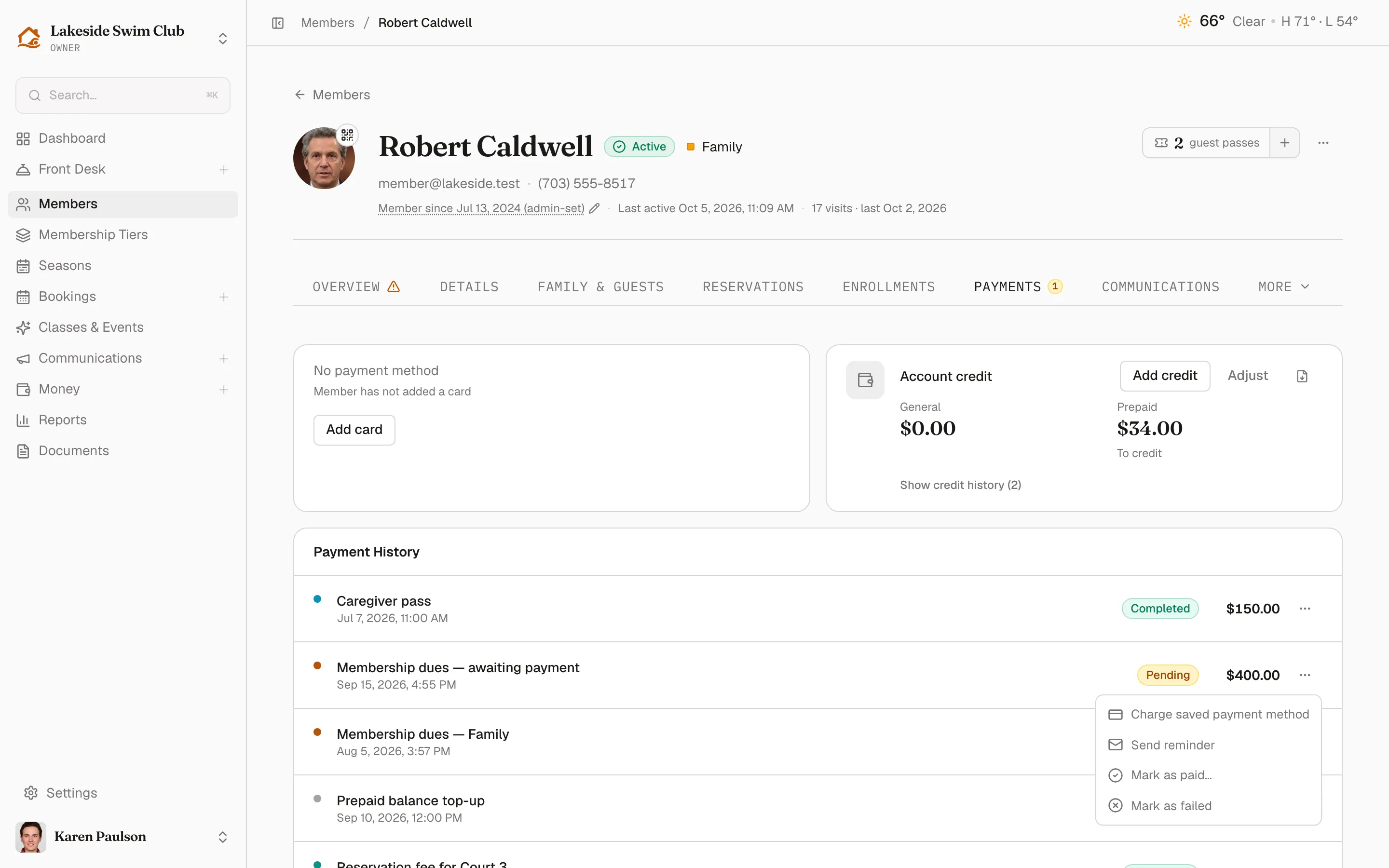 The row menu on a pending payment listing Charge saved payment method, Send reminder, Mark as paid, and Mark as failed