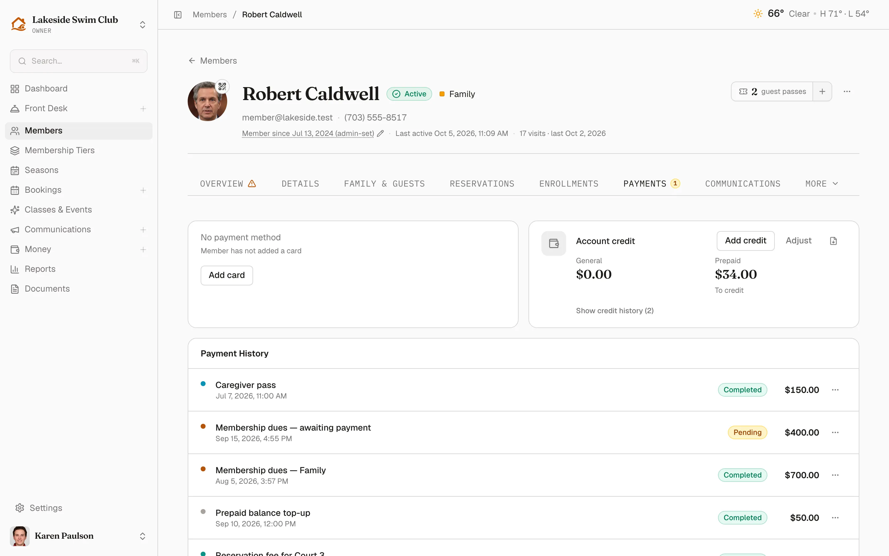 The Payments tab with the payment method and Account credit cards above the Payment History list