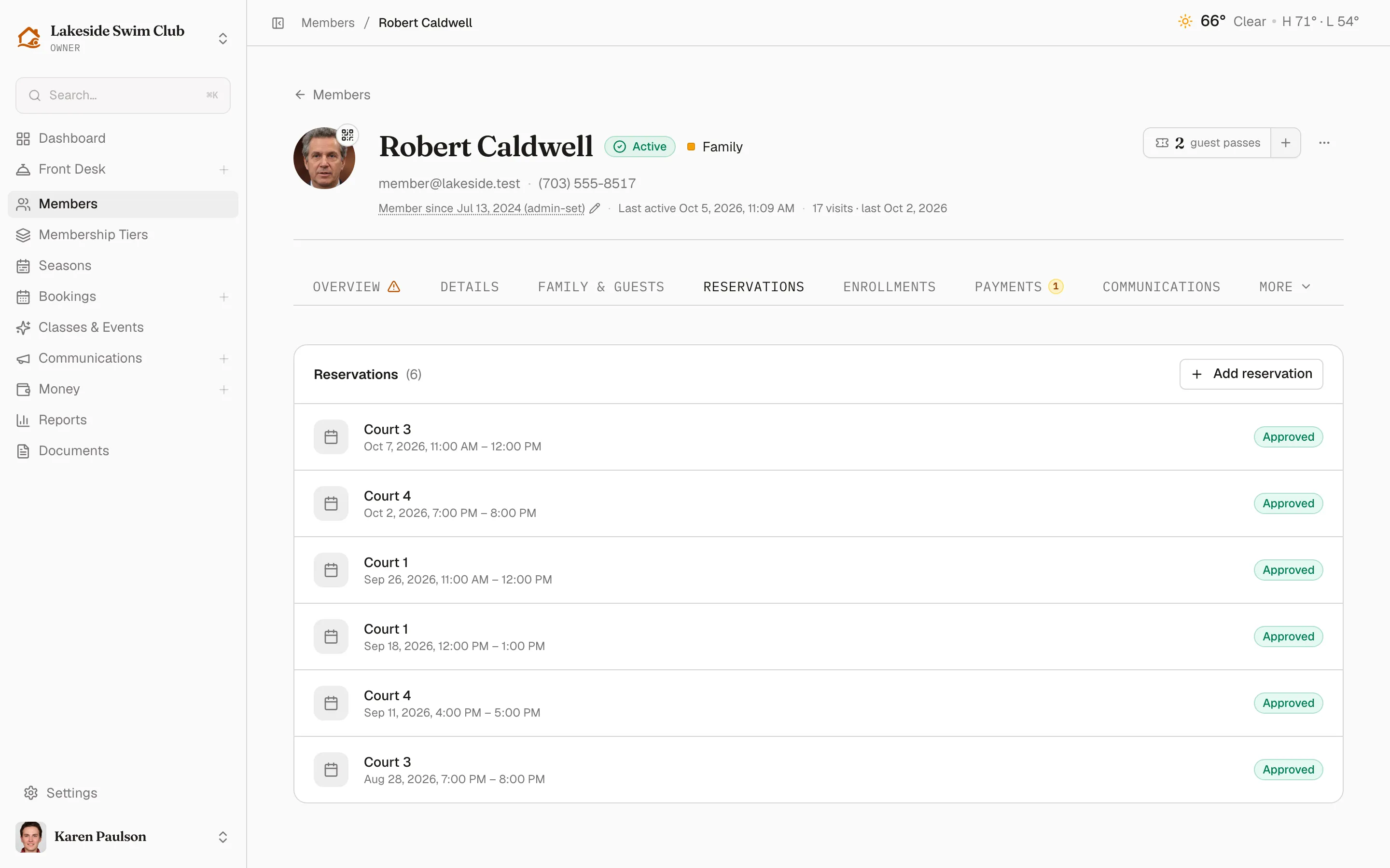 The Reservations tab listing the member’s facility bookings with status pills and the Add reservation button