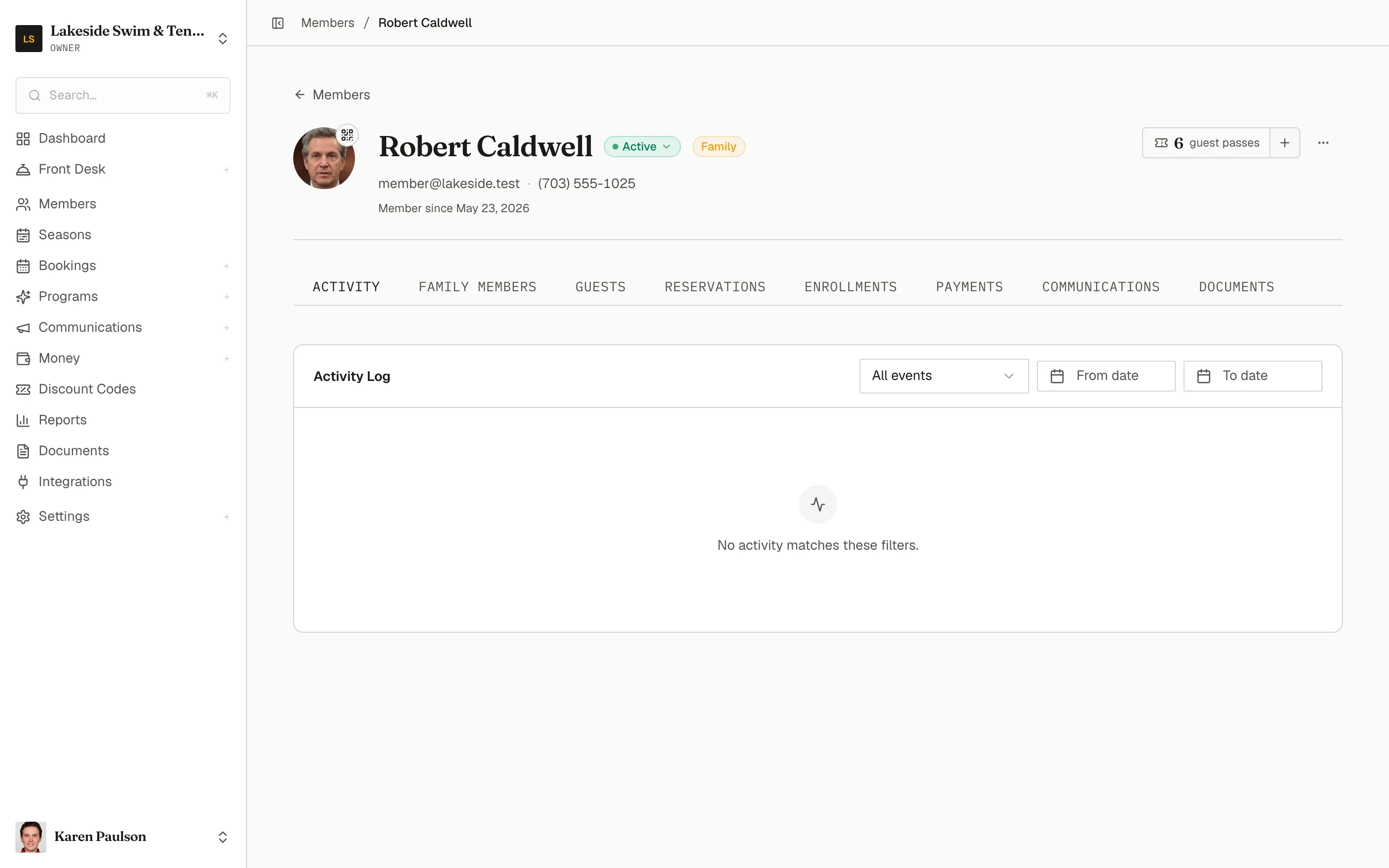 Robert Caldwell’s profile — Active status pill, Family tier chip, guest pass counter, and the Activity tab open with its event and date filters