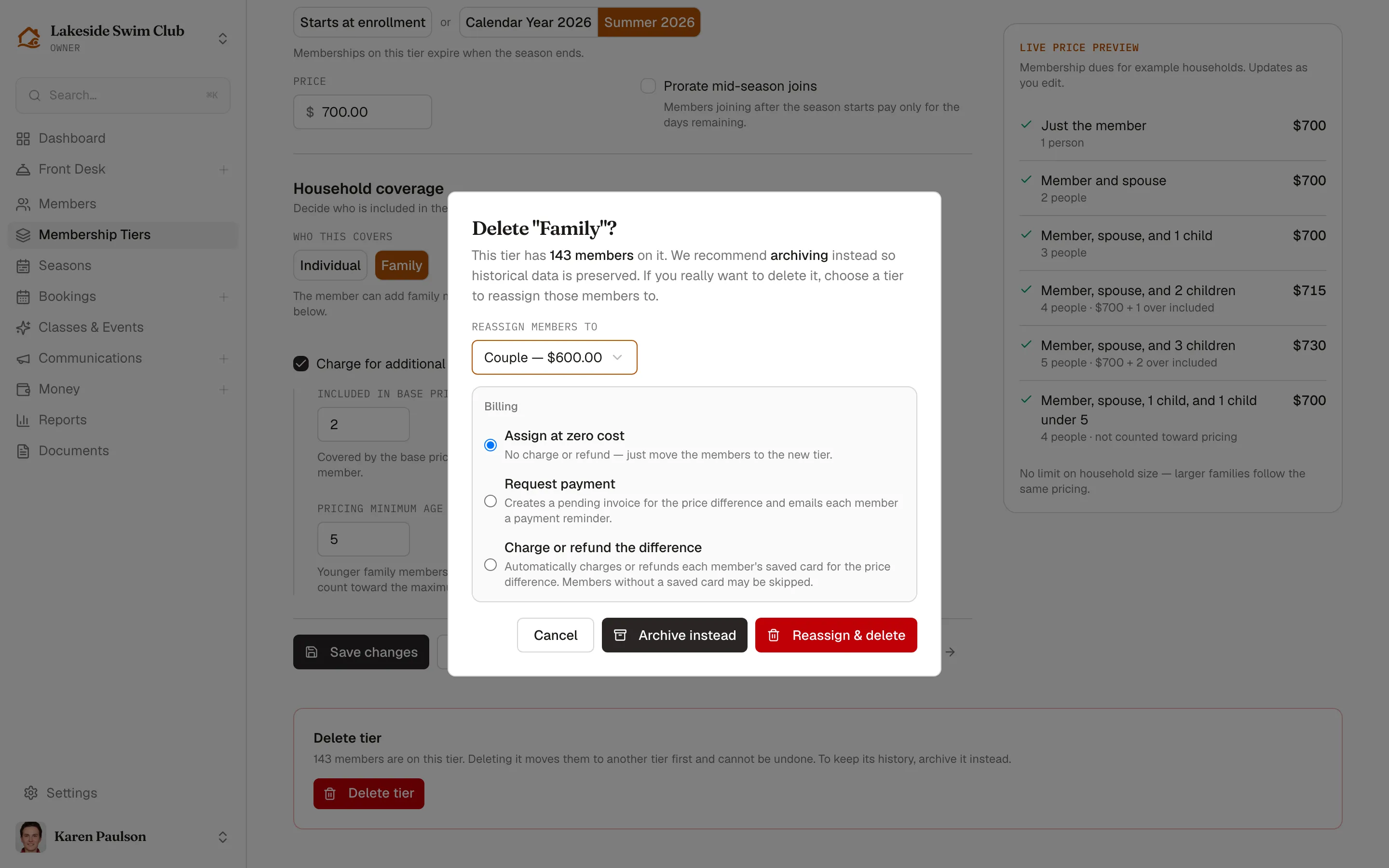 The delete dialog for the Family tier showing its member count, with the Reassign members to picker set to Couple, the three billing options, and Archive instead beside Reassign & delete
