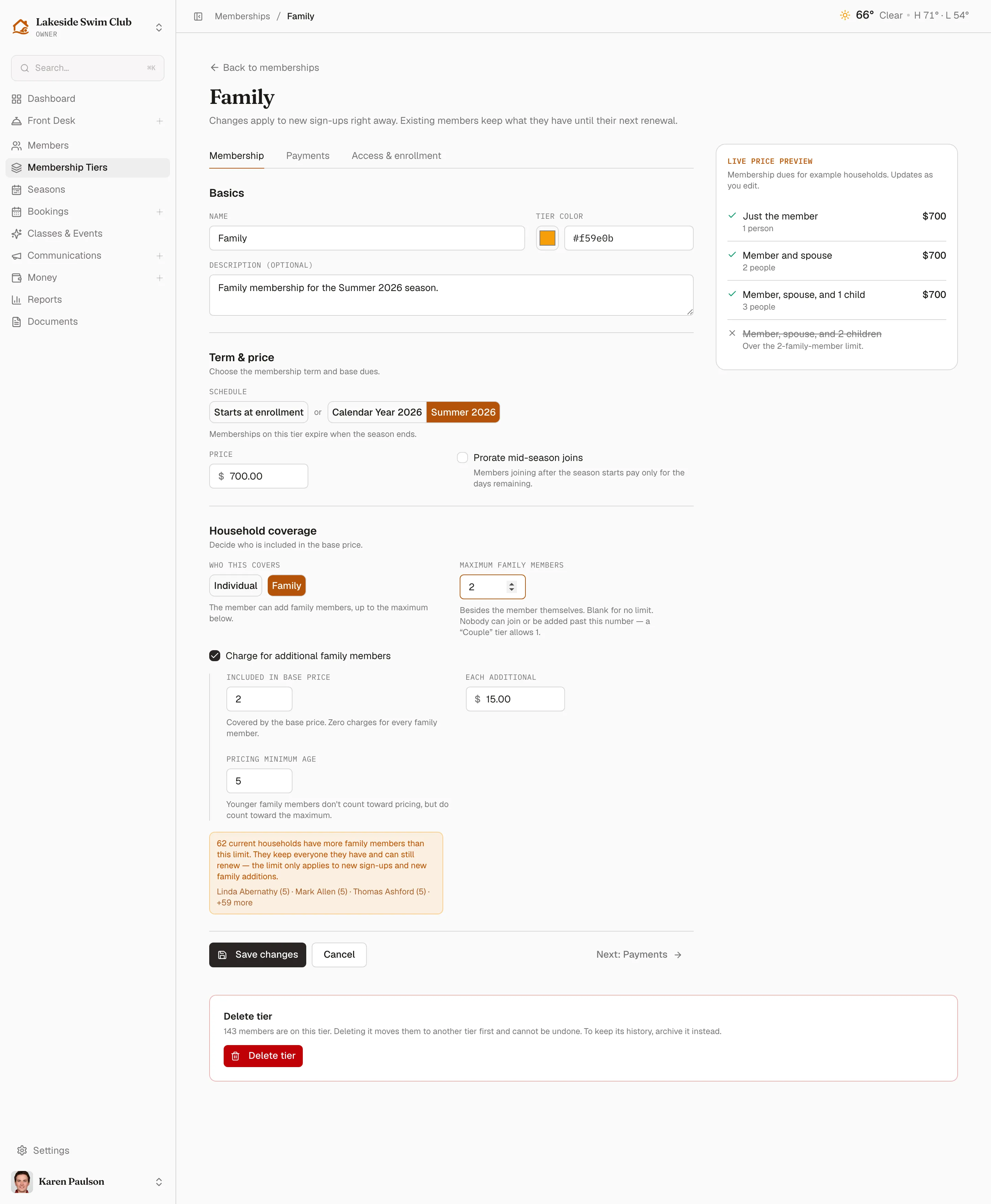 Editing the Family tier with Maximum family members lowered to 2, an amber warning naming households above the new limit, and the Live price preview marking households that no longer fit
