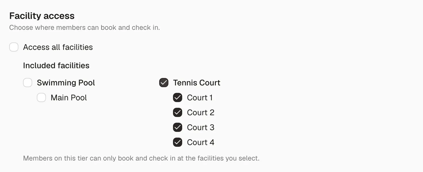 The Access & enrollment tab with Access all facilities unchecked, revealing Included facilities grouped into Swimming Pool and Tennis Court columns with the whole Tennis Court type checked