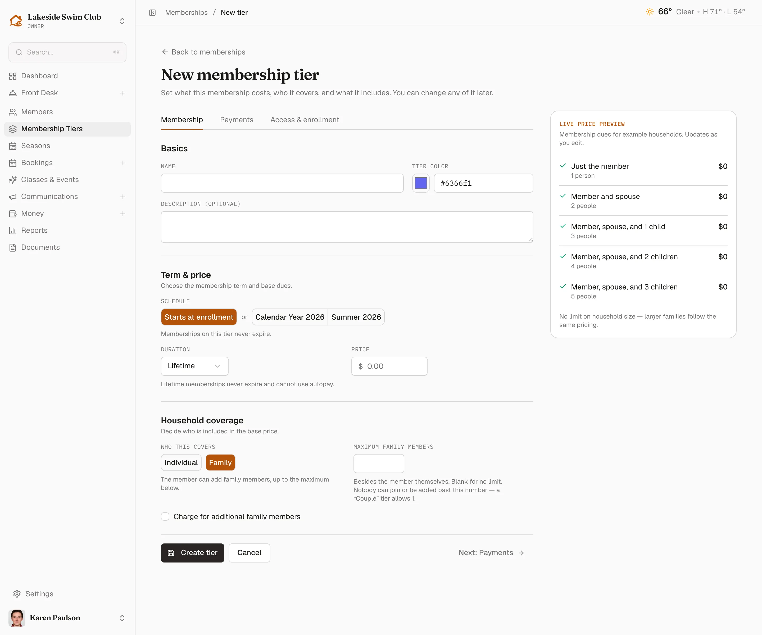 The Membership tab with Basics, Term & price, and Household coverage beside the Live price preview