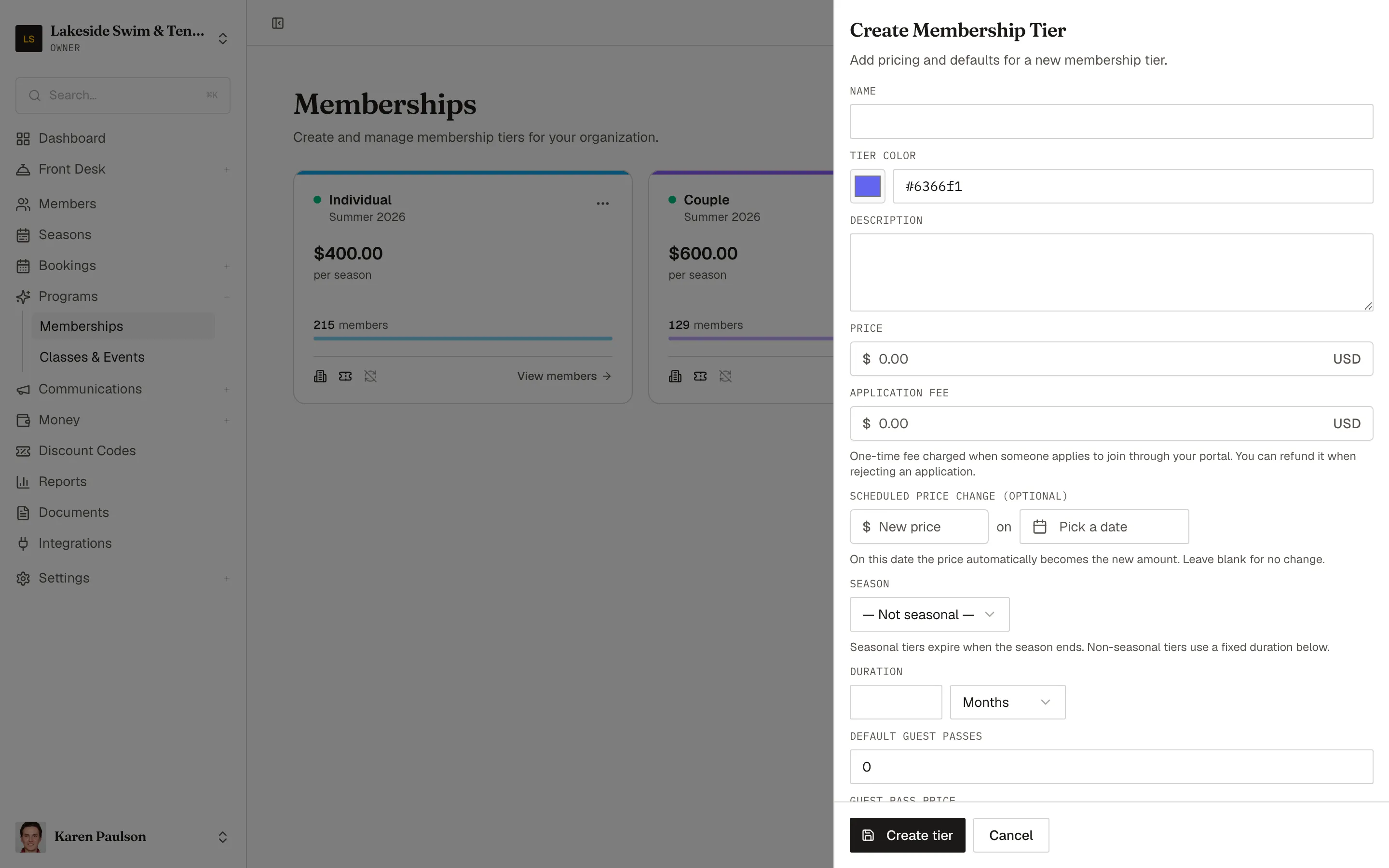 The Create Membership Tier form with sections for basics, pricing, duration, guest passes, capacity, and options