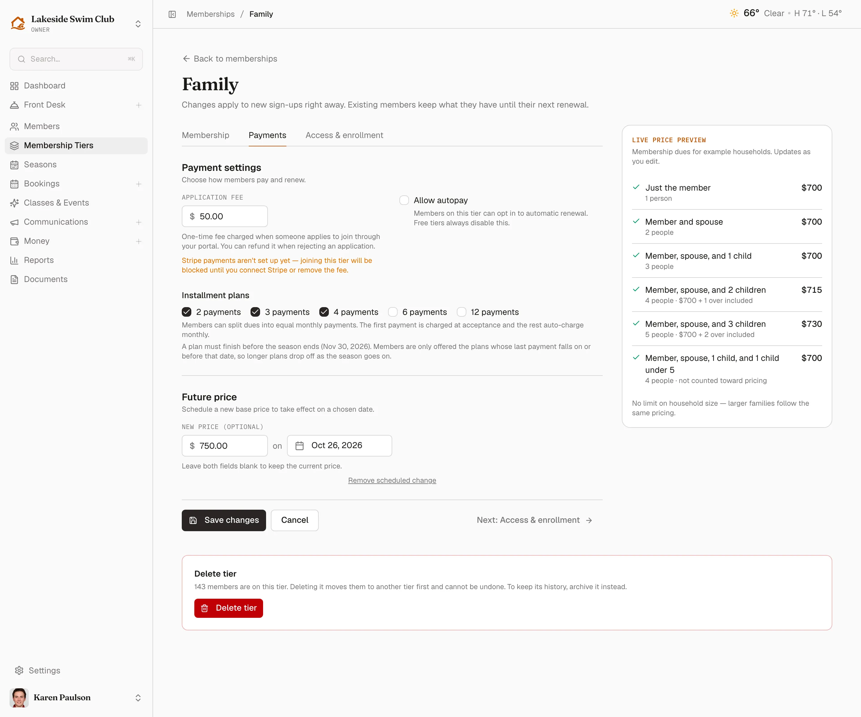 The Payments tab with Payment settings and Future price