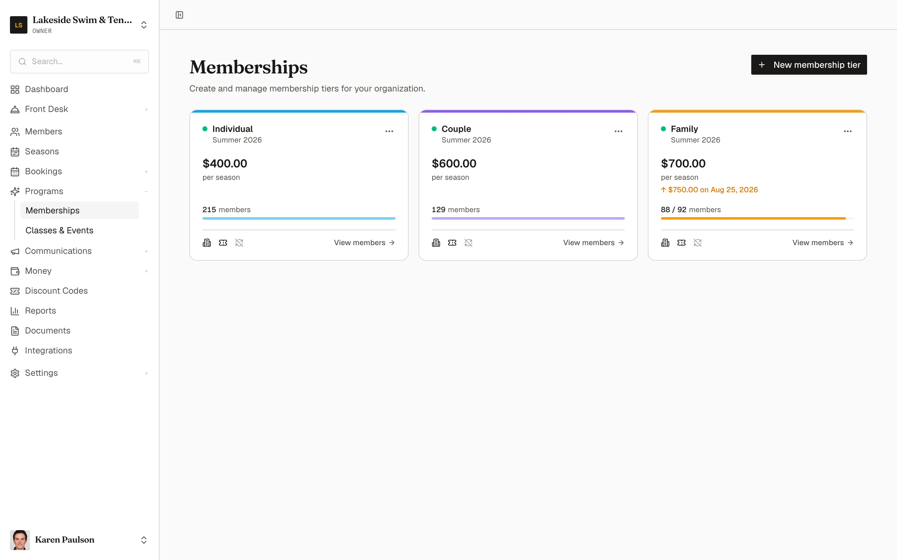 The Memberships page showing Individual, Couple, and Family tiers with per-season pricing, member counts, and a scheduled price increase