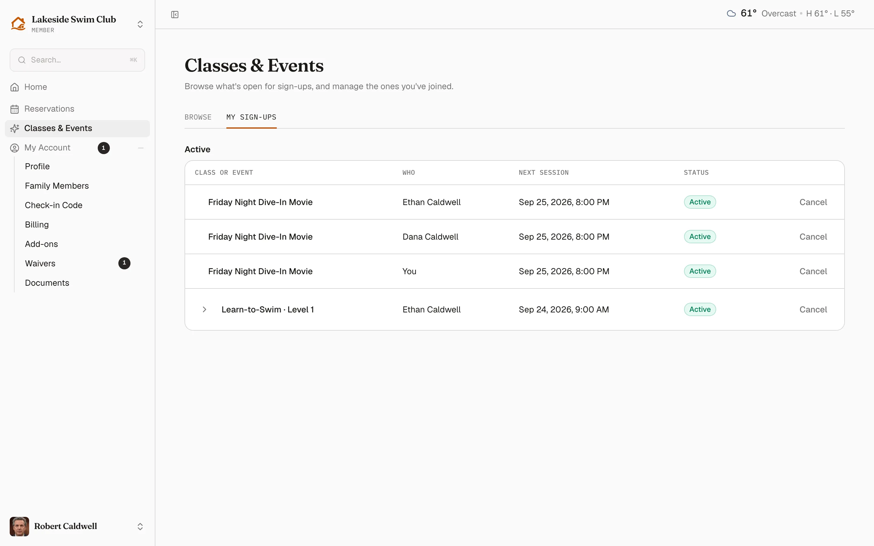 The My Sign-Ups tab listing active sign-ups grouped by status, with who each one is for and the next session