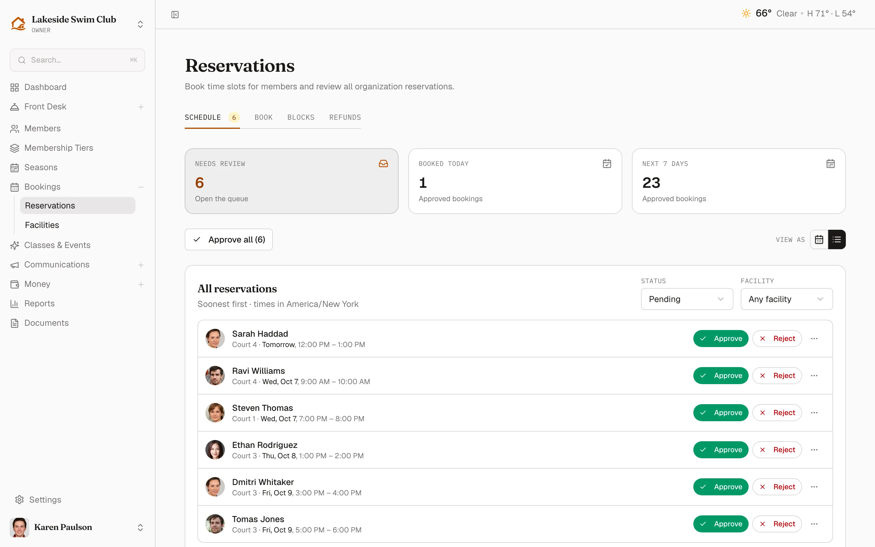 The reservation list filtered to Pending after clicking Needs review