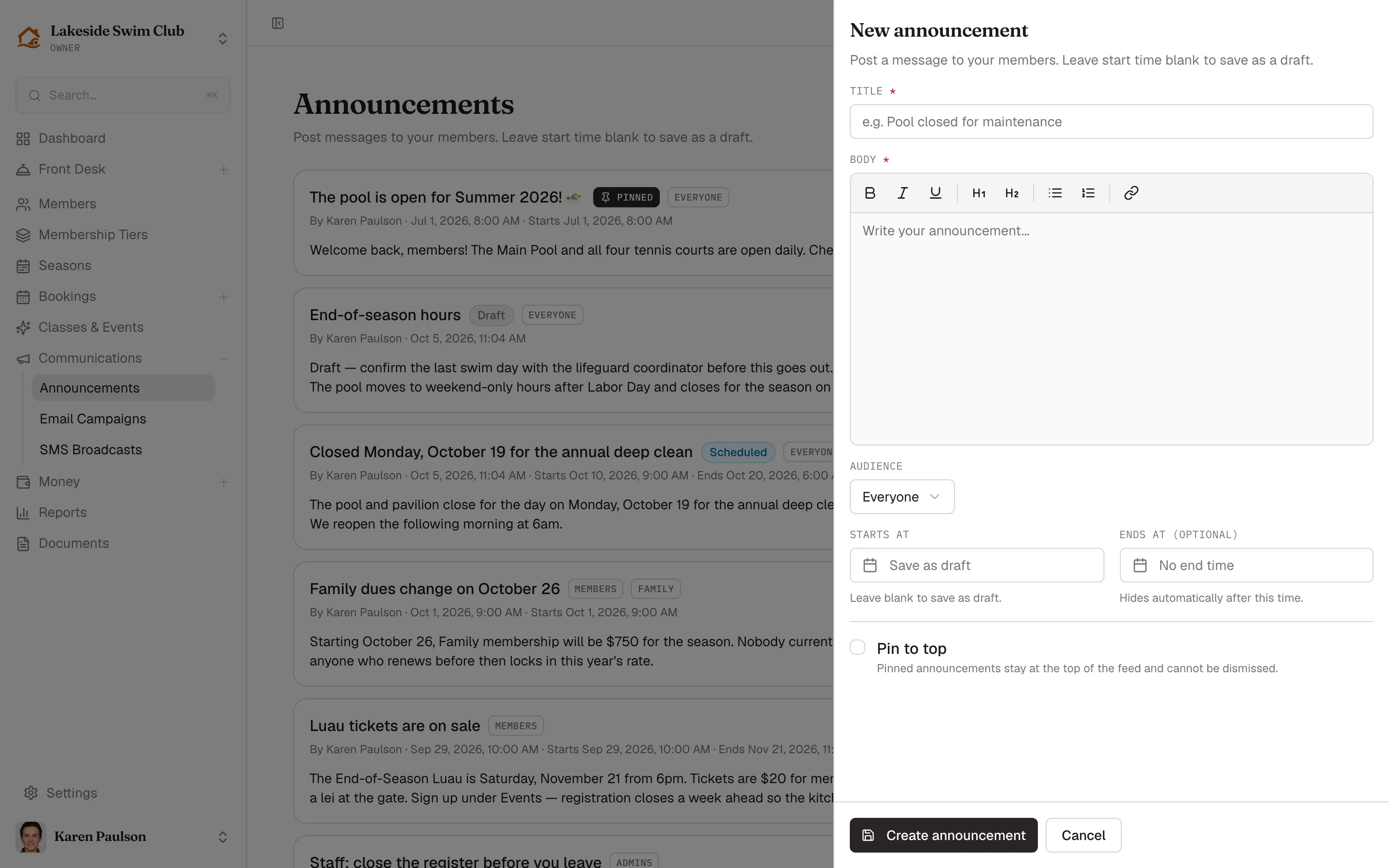 The New announcement drawer with its title, body, audience, schedule, and Pin to top checkbox