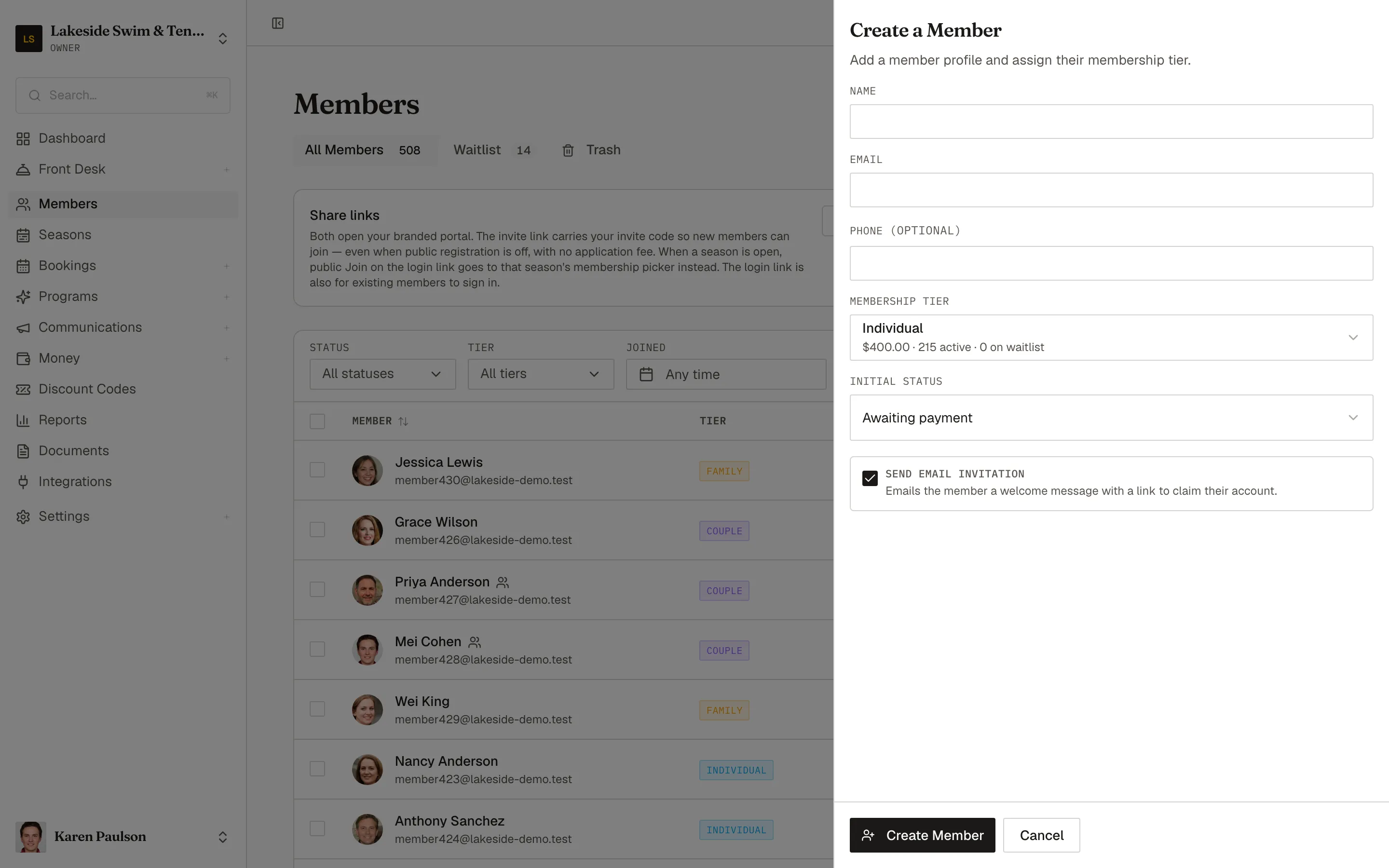 The Create a Member drawer with name, email, and phone fields, the membership tier picker, and initial status options