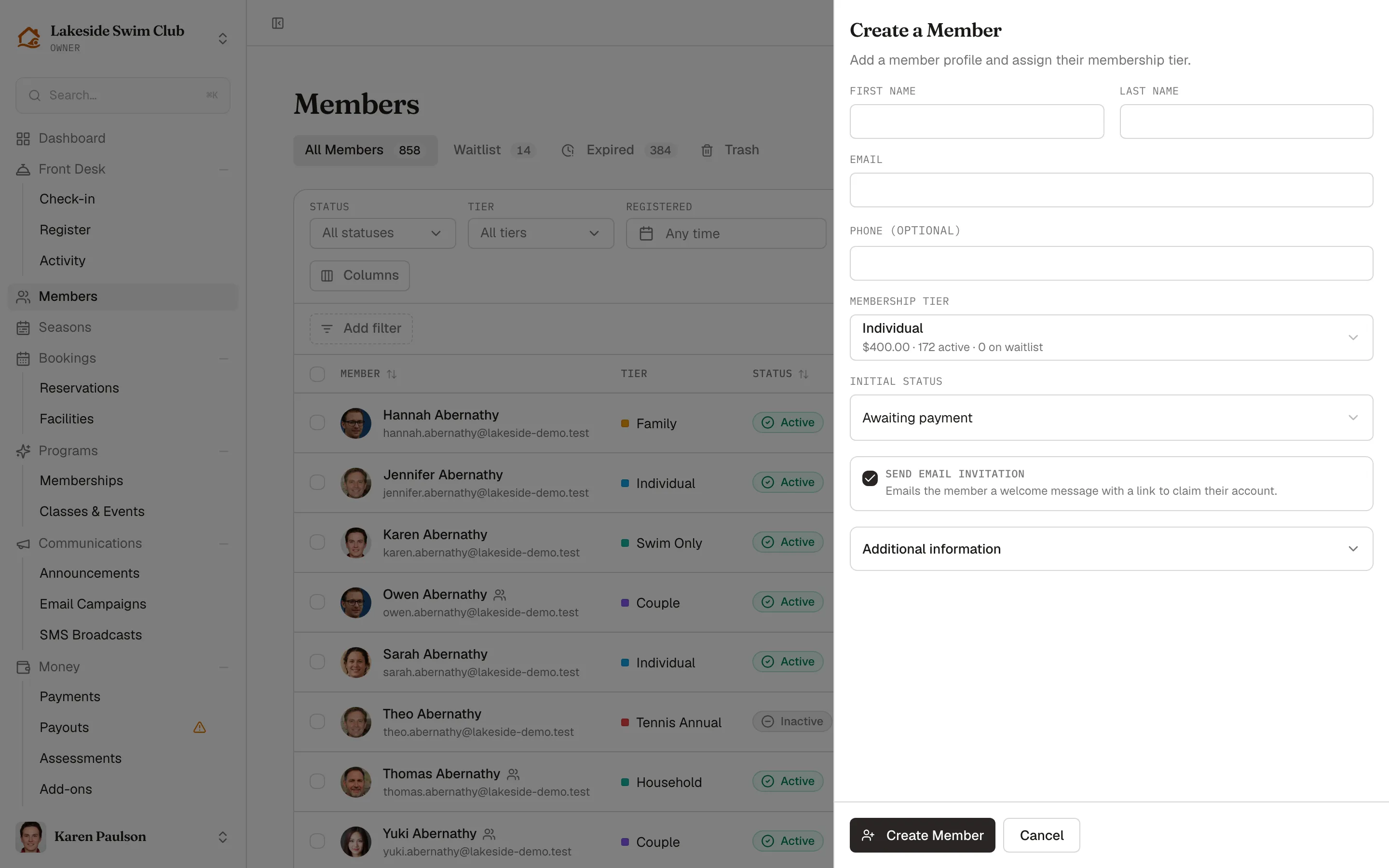 The Create a Member drawer with name, email, and phone fields, the membership tier picker, and initial status options