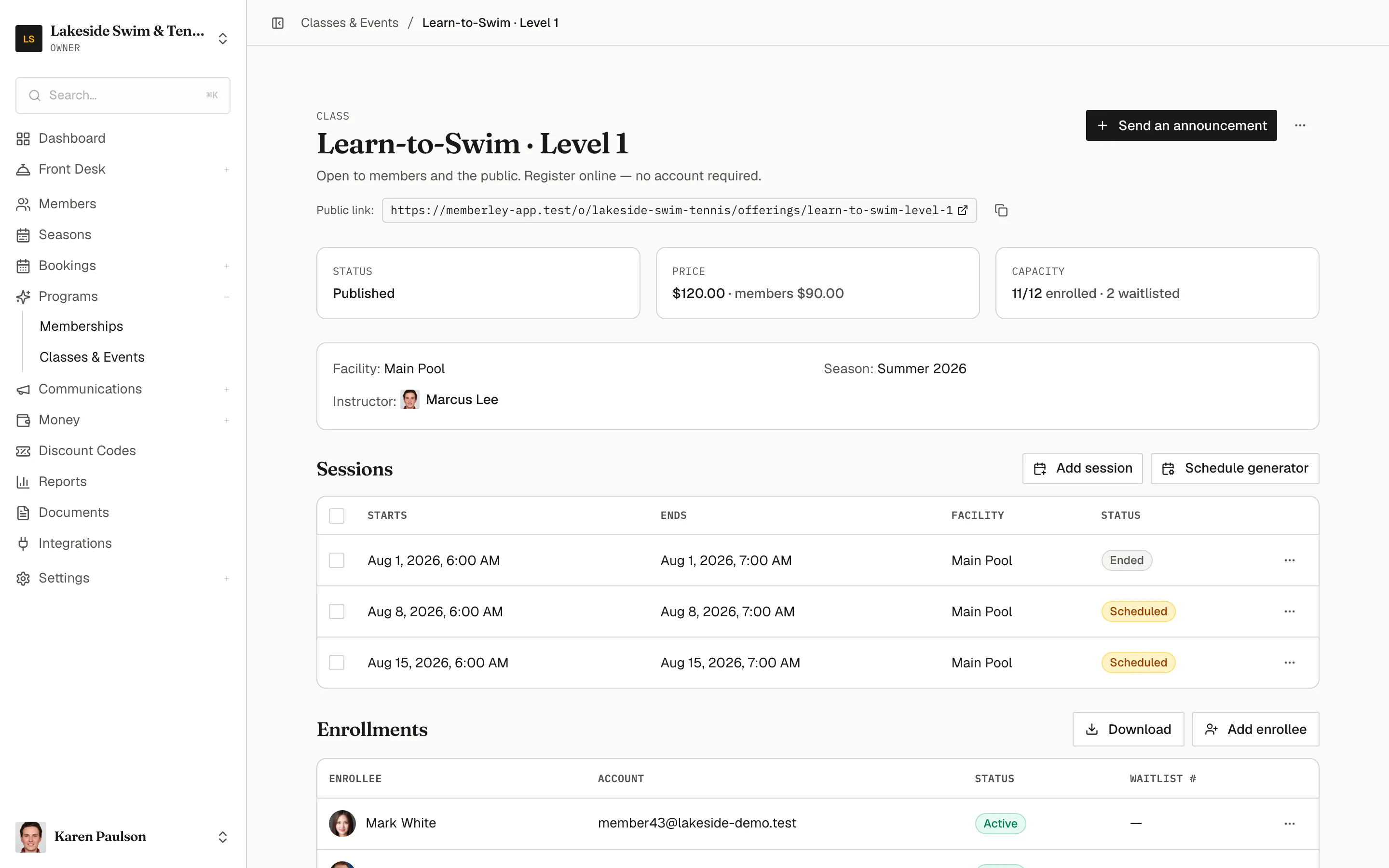 The Learn-to-Swim · Level 1 offering page showing its published status, pricing, public link, session list, and enrollments