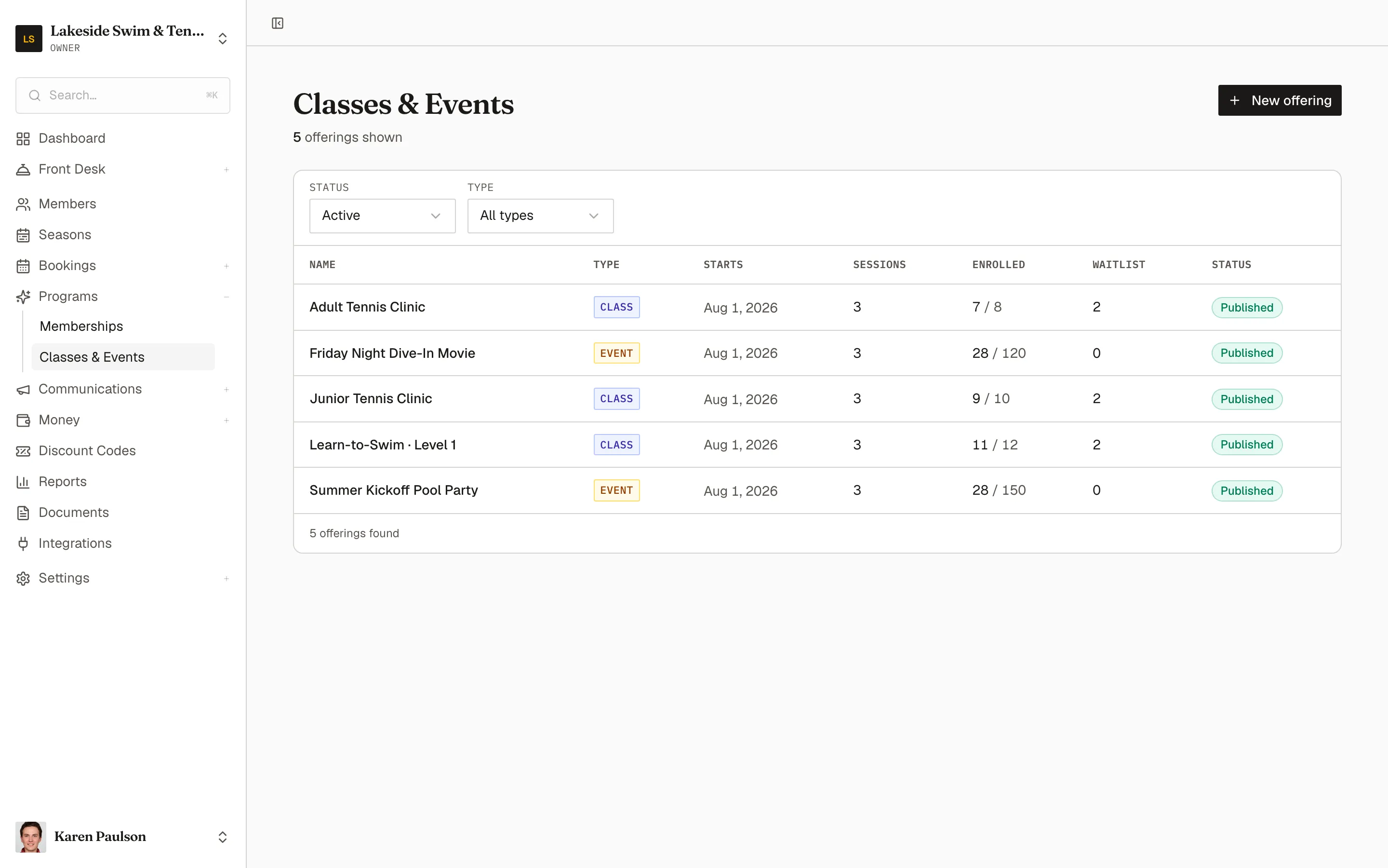 The Classes & Events list showing published classes and events with type badges, session counts, enrollment against capacity, and waitlist counts