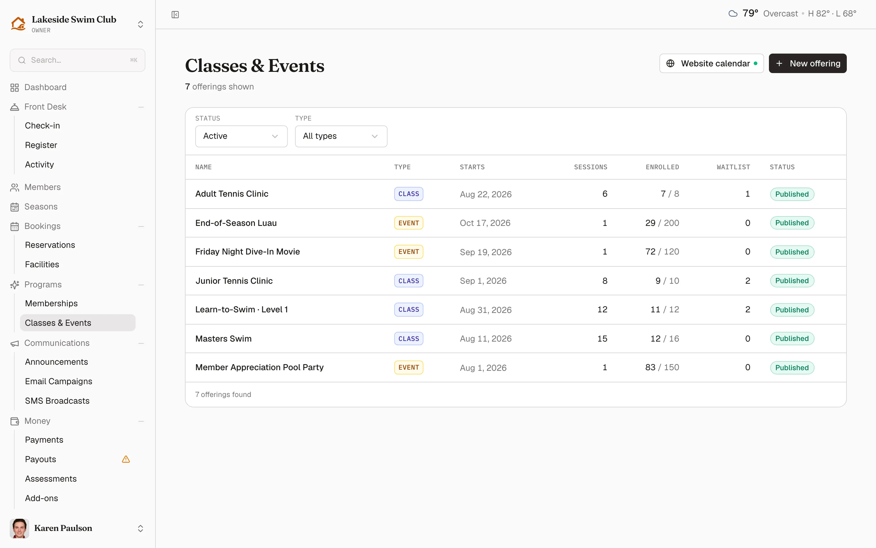 The Classes & Events list showing published classes and events with type badges, session counts, enrollment against capacity, and waitlist counts