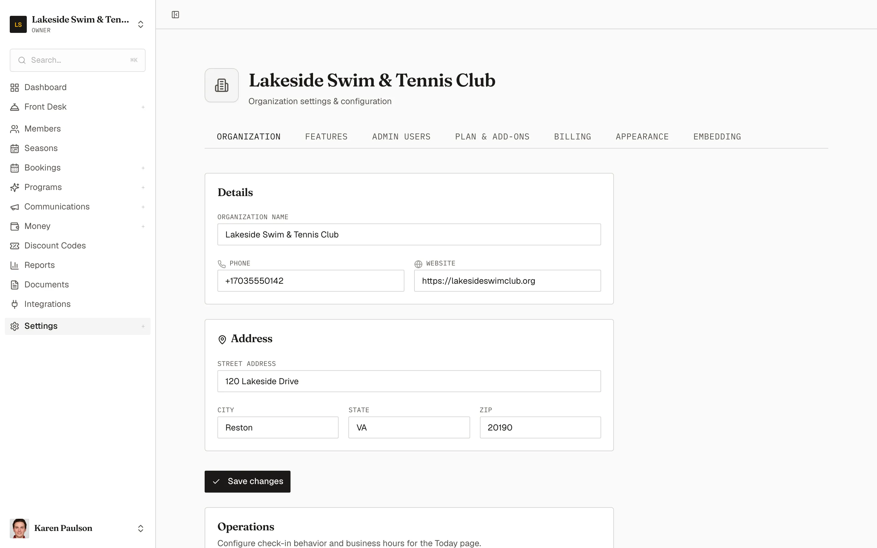 The Organization settings tab with the Details card and the Operations card below it