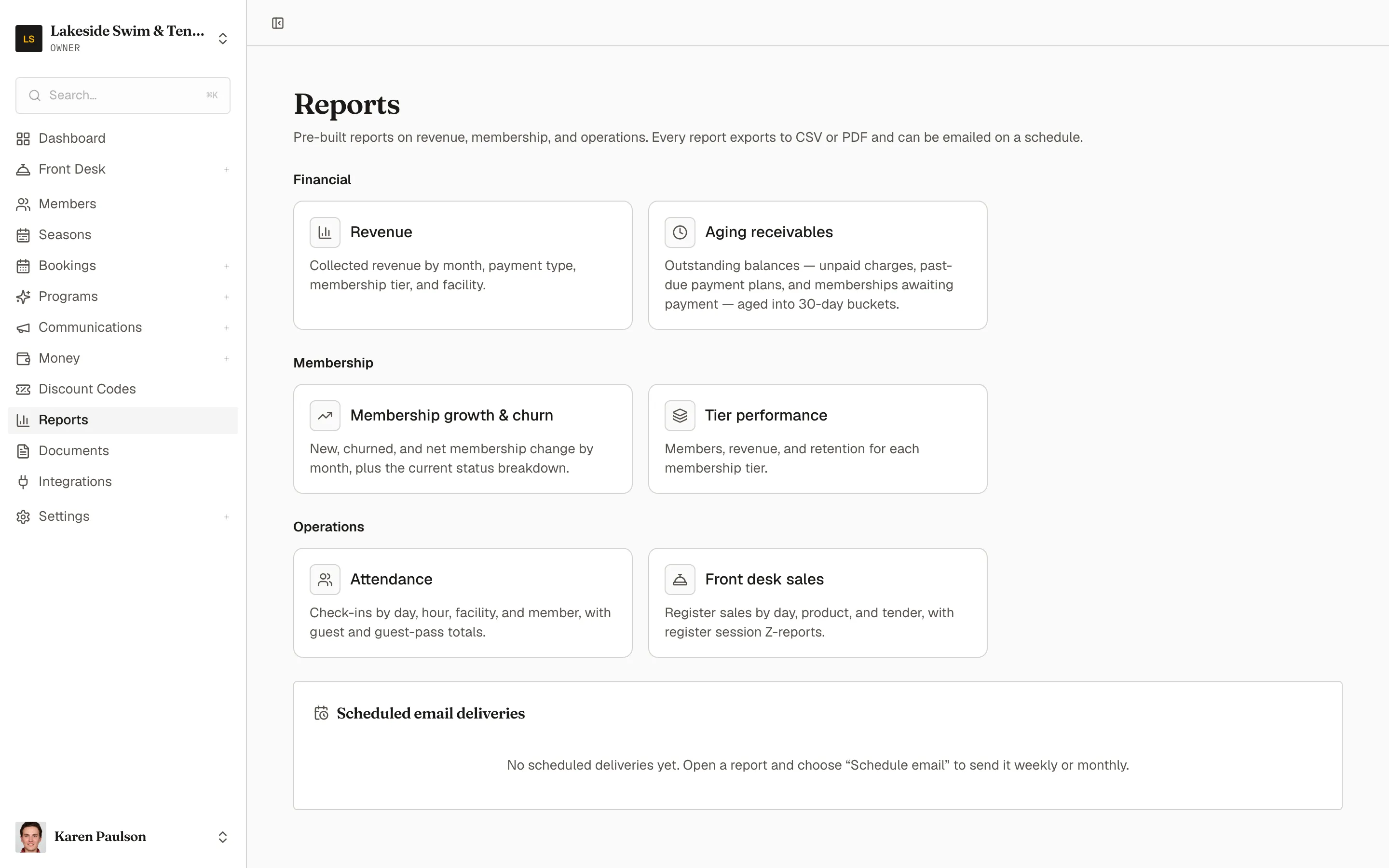 The Reports page with six report cards grouped under Financial, Membership, and Operations, and a Scheduled email deliveries card below