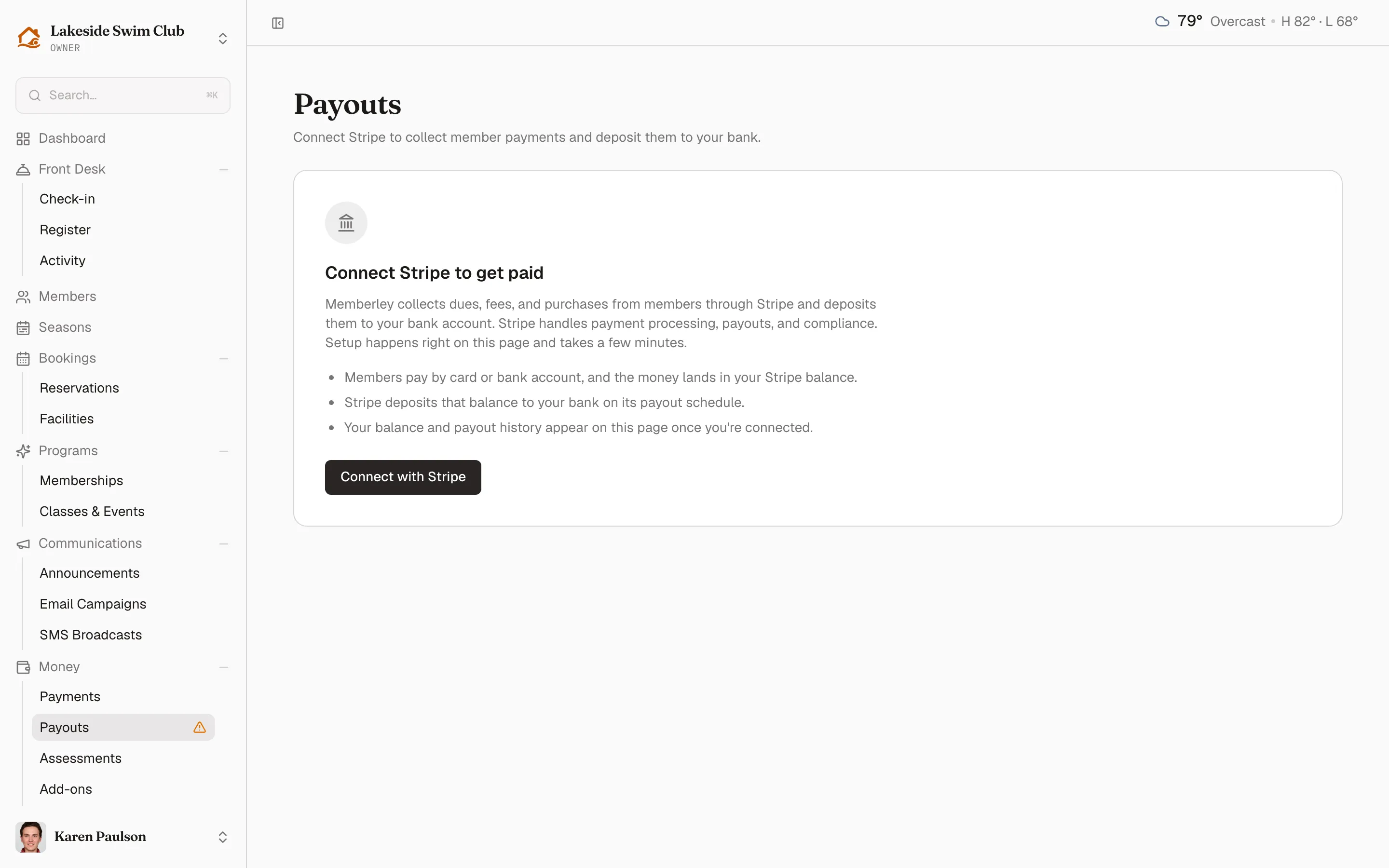 The Payouts page before Stripe is connected, with the Connect Stripe to get paid panel and its Connect with Stripe button