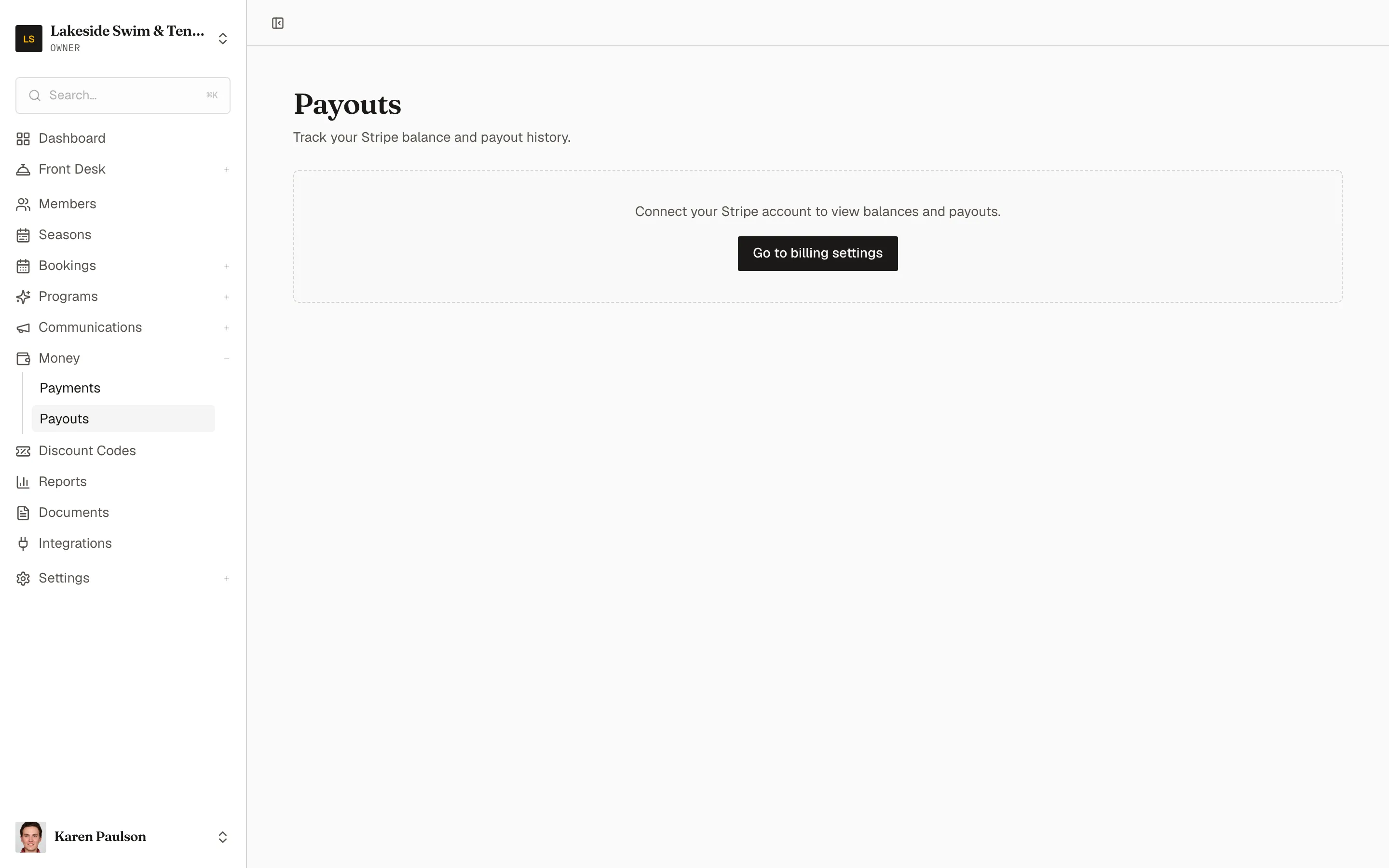The Payouts page with the embedded Stripe balance and payout history panel