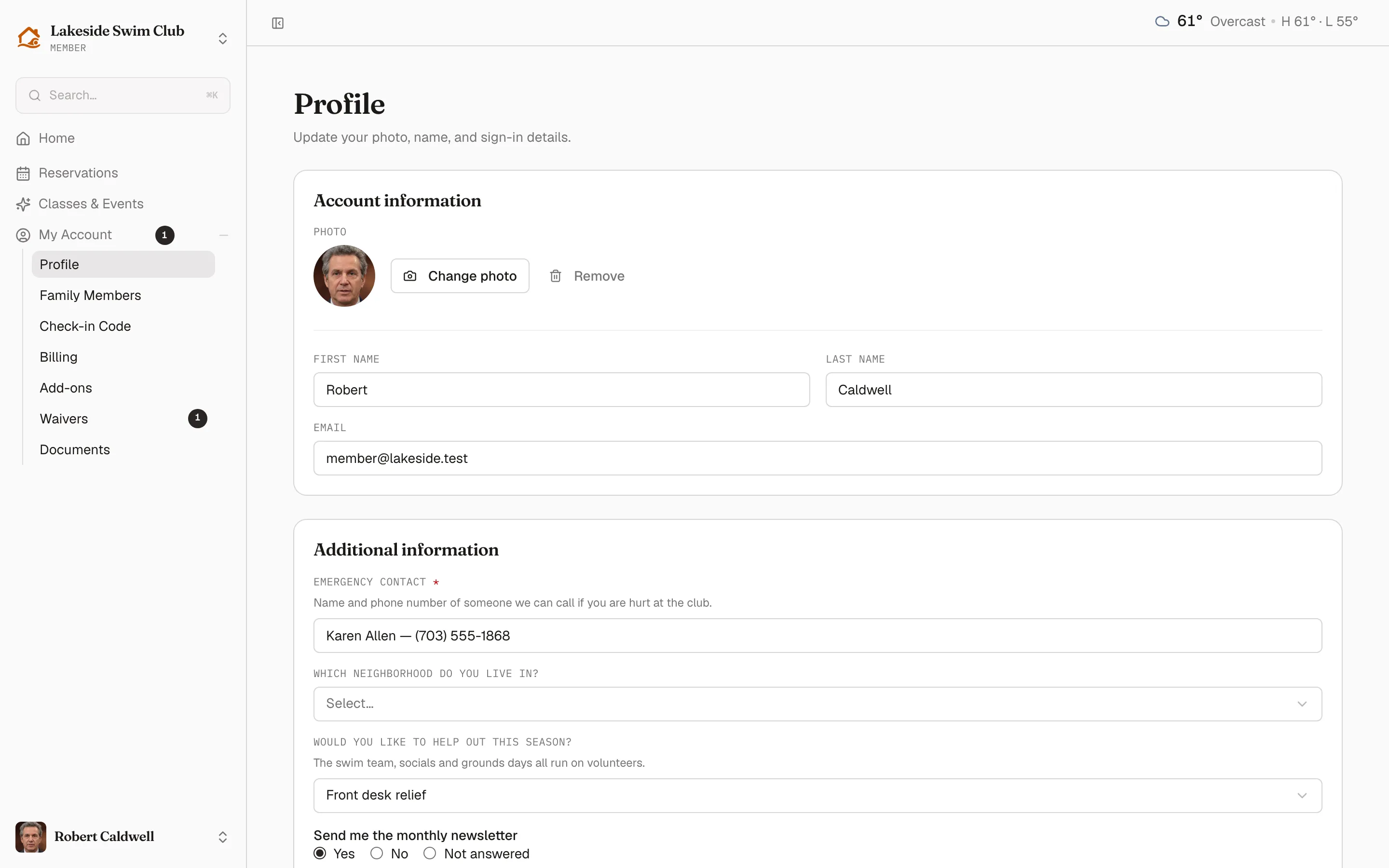 A member’s profile page: the Account information card with photo, first and last name, and email, above an Additional information card