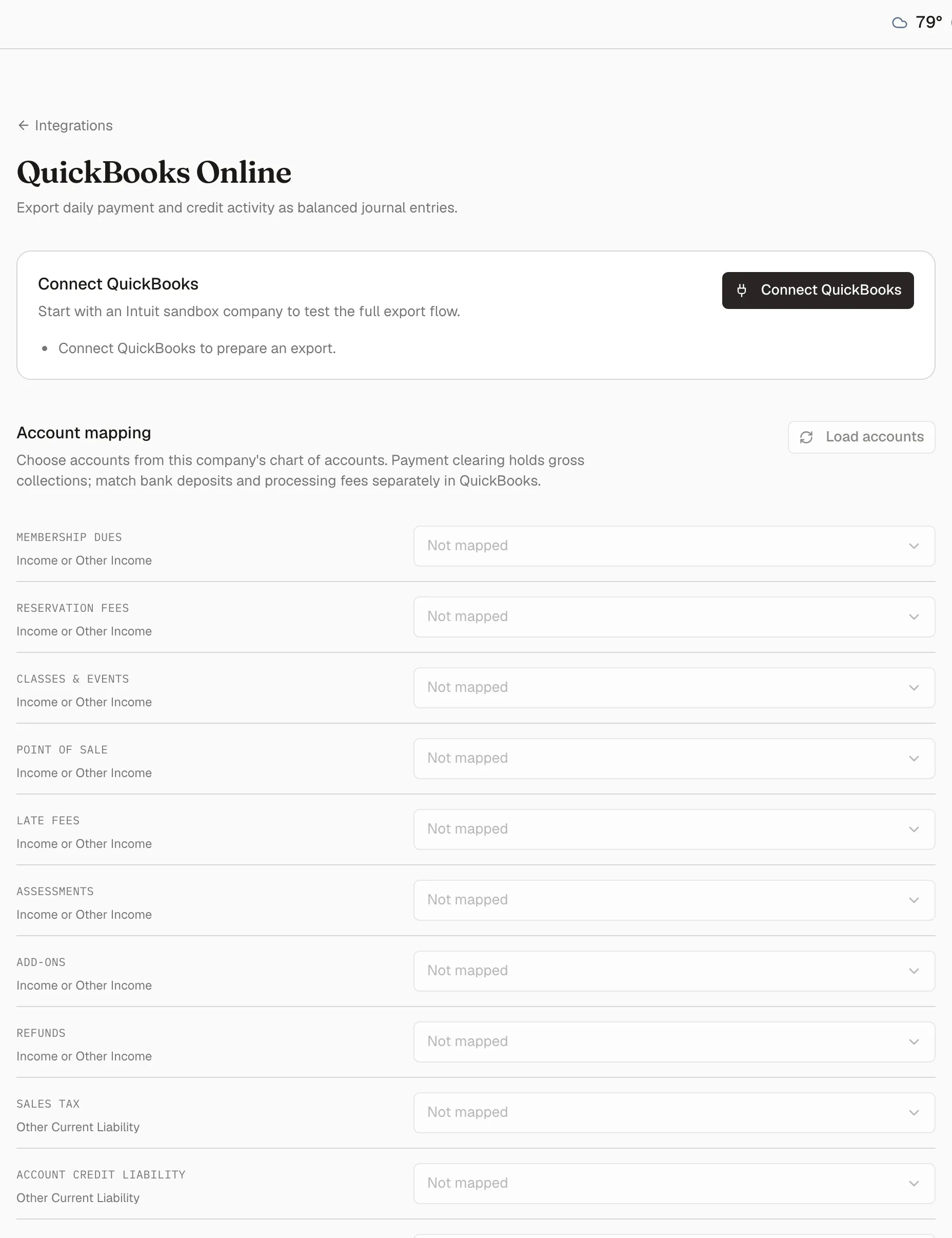 The Account mapping section pairing each Memberley category with an account and the account types it accepts
