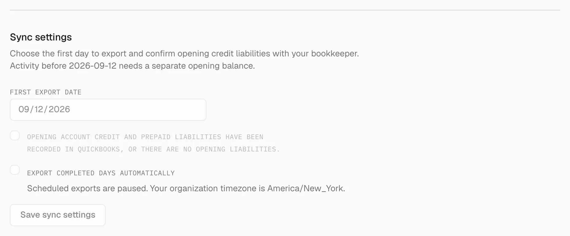 The Sync settings section with the first export date, the opening-balance confirmation, and the automatic-export checkbox