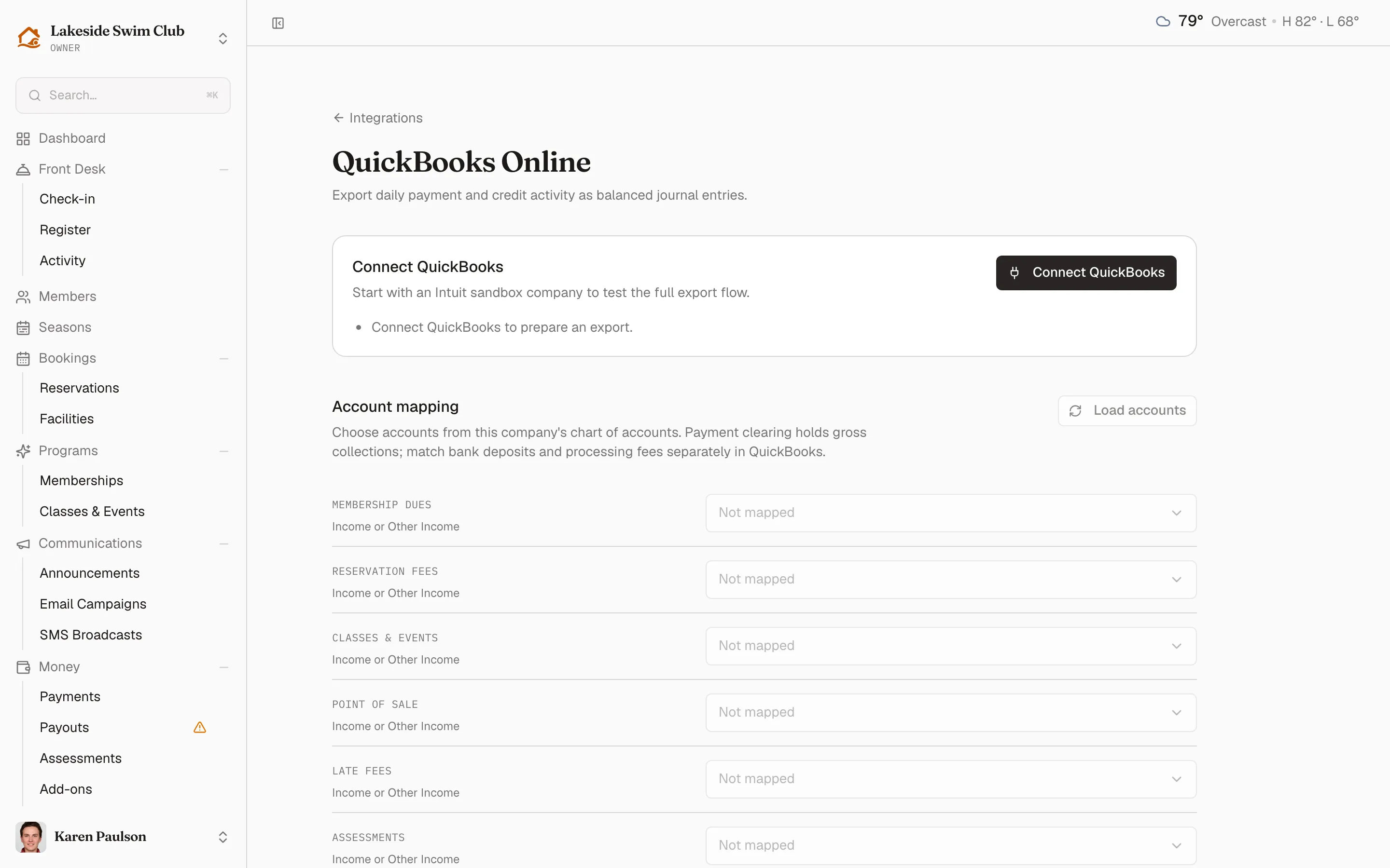 The QuickBooks Online page before connecting, showing the connect prompt and the readiness checklist