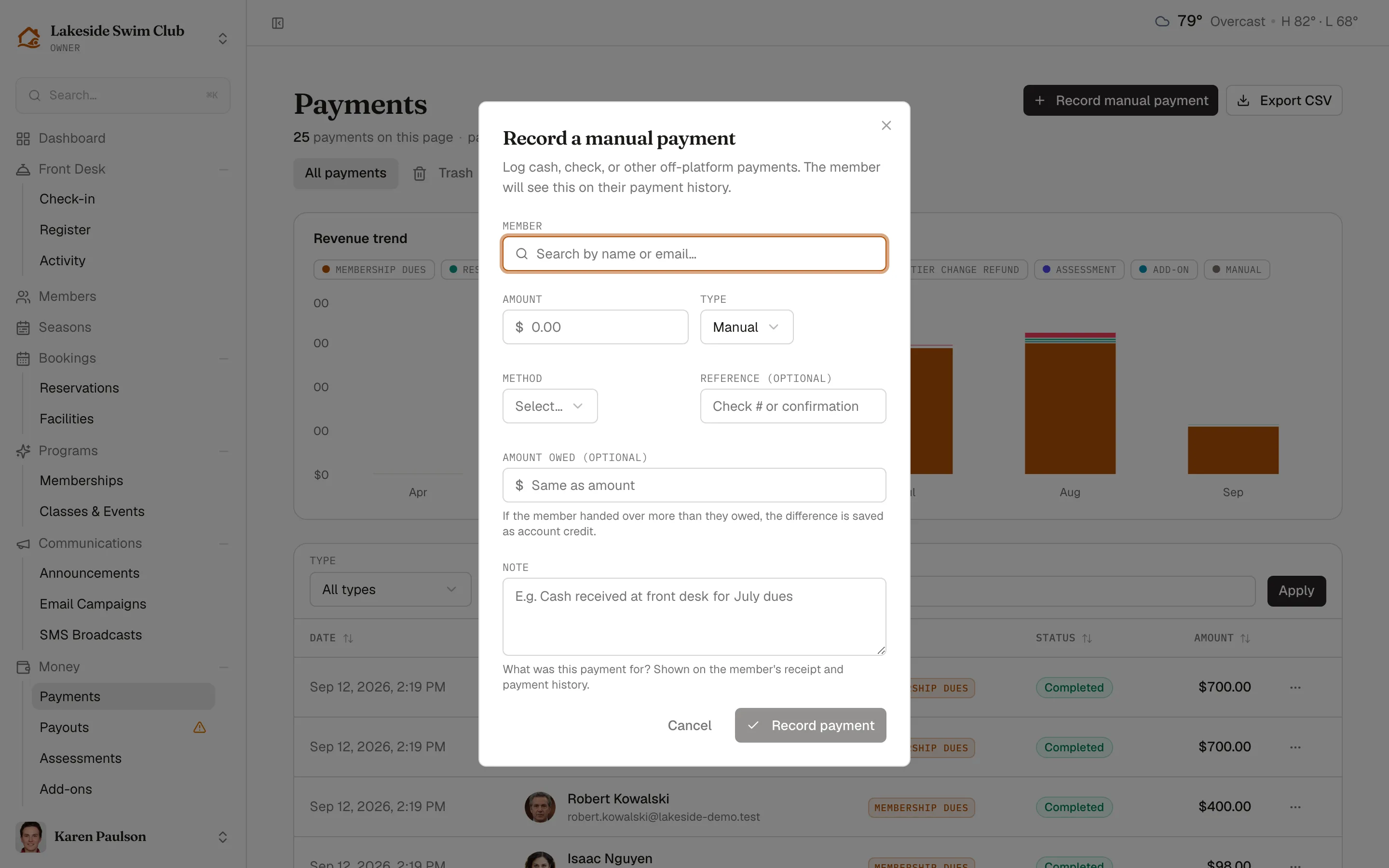 The Record a manual payment dialog with member search, amount, type, method, and note fields