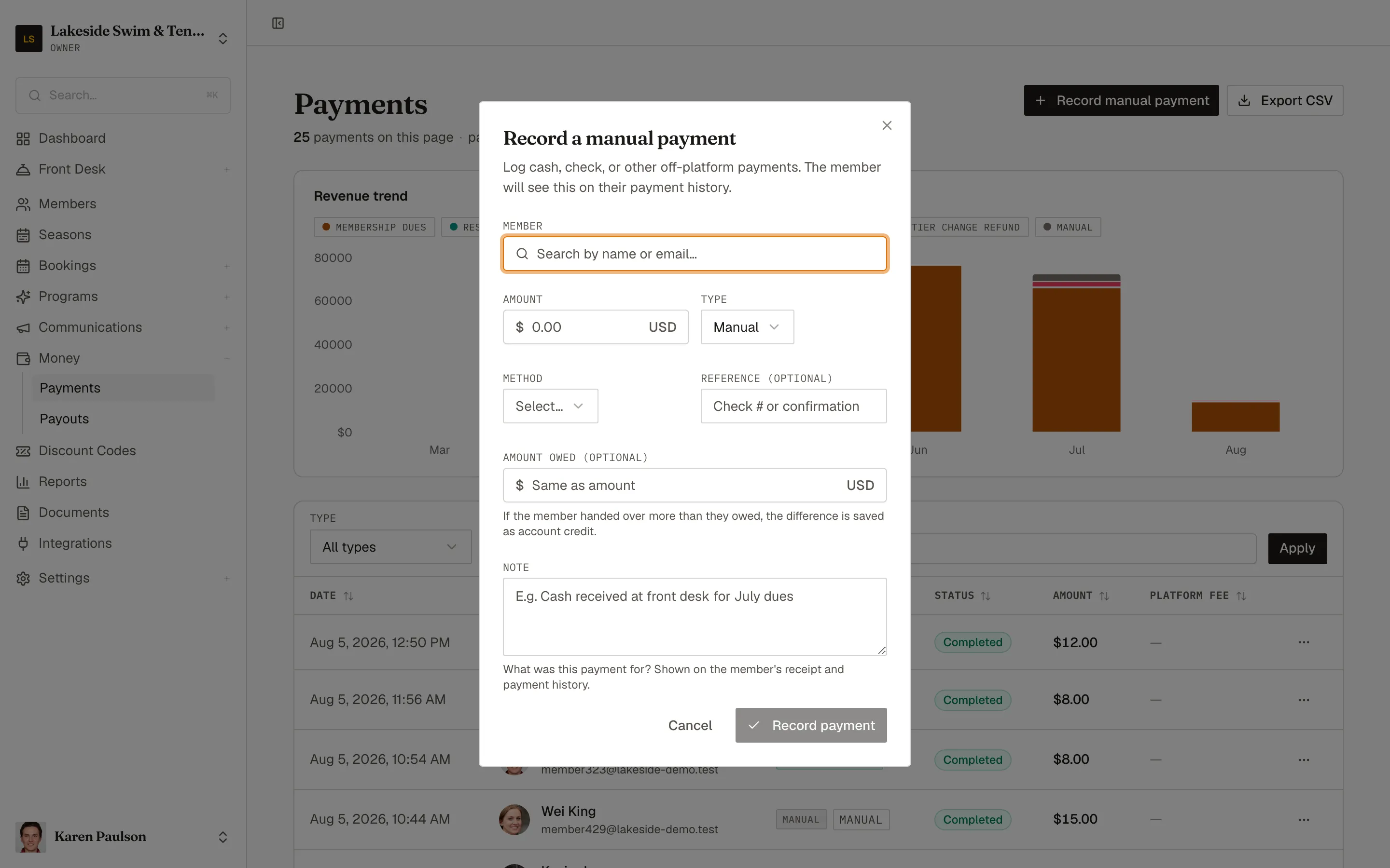 The Record a manual payment dialog with member search, amount, type, method, and note fields