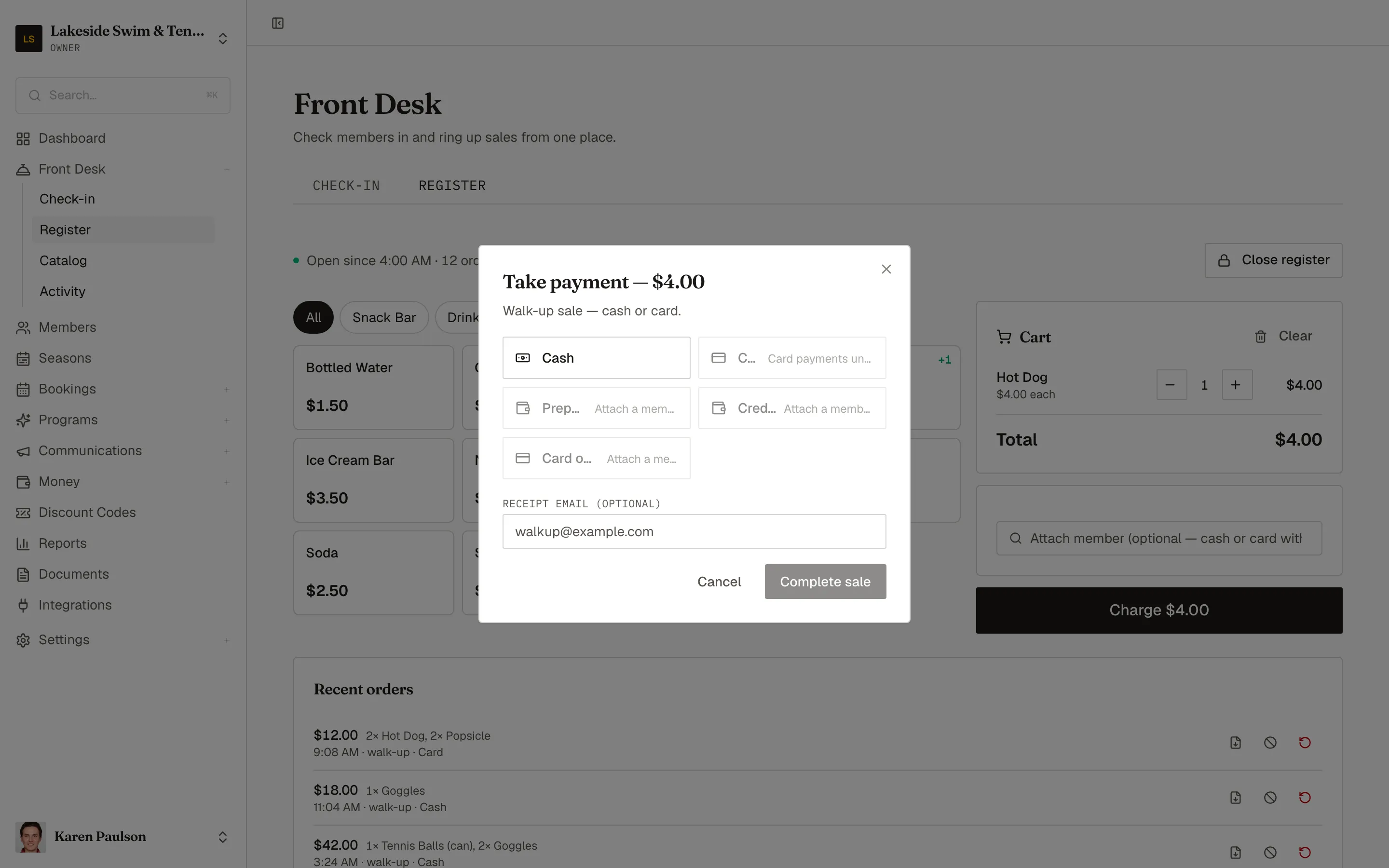 The Take payment dialog for a four-dollar walk-up sale, with cash selected, member-tender options disabled, and an optional receipt email field