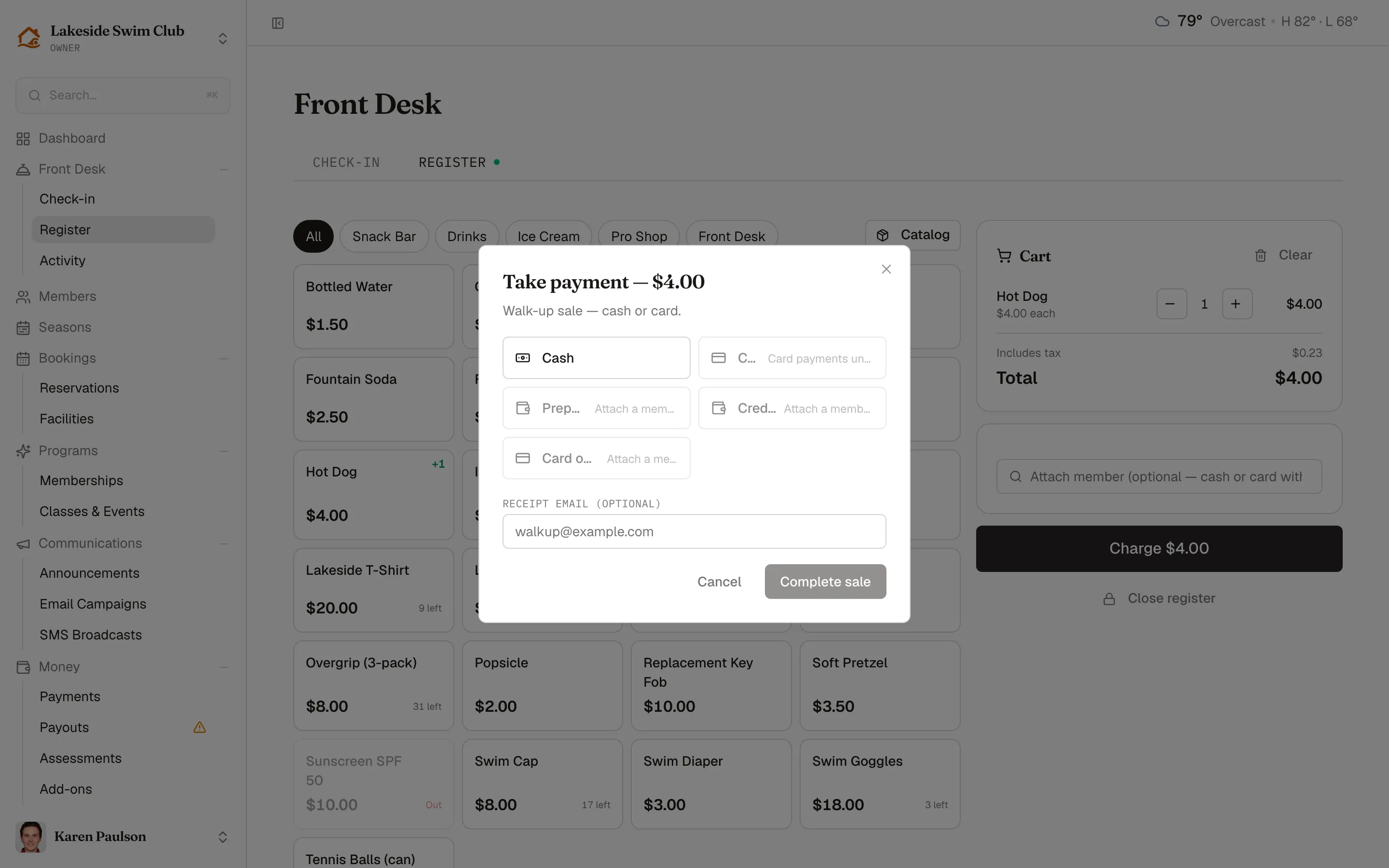 The Take payment dialog for a four-dollar walk-up sale, with cash the only enabled method, the member tenders greyed out, and an optional receipt email field