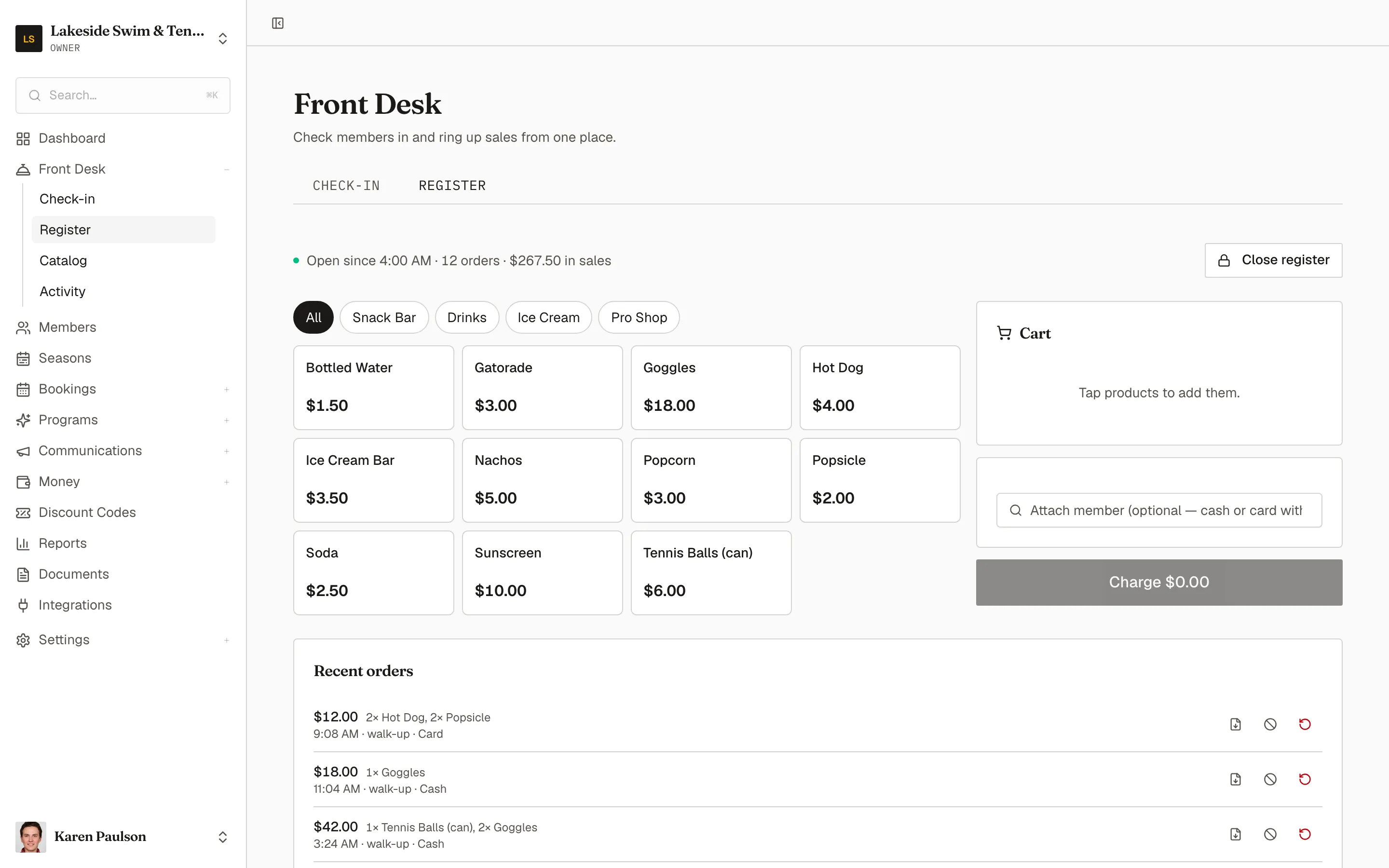 The open register with the product grid, category chips, the cart, and recent orders